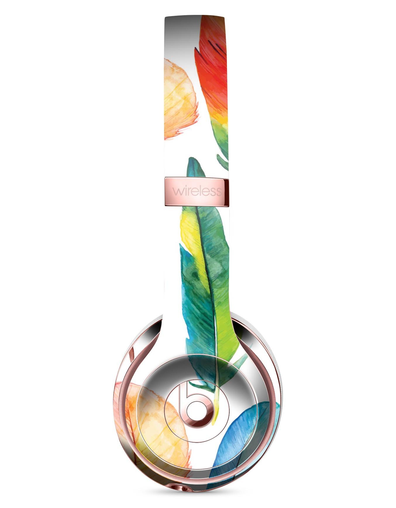 Bright Water Color Painted Feather Skin Kit for Beats by Dre Solo 3 Wireless Headphones, showcasing vibrant colors and feather design.