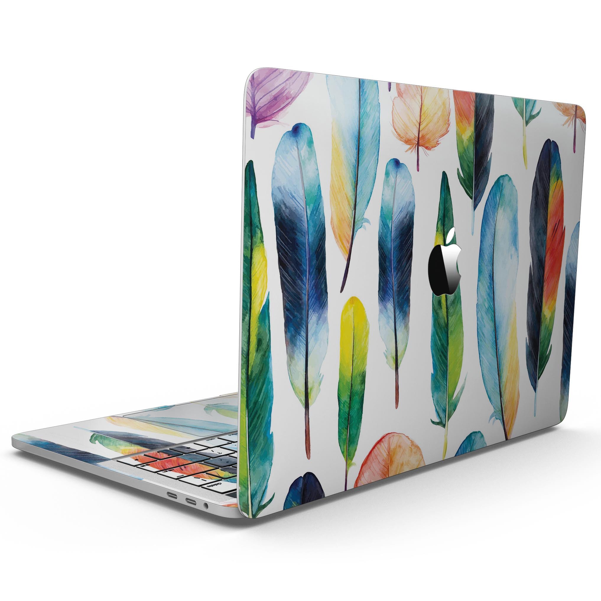 Bright Water Color Painted Feather skin for MacBook Pro, showcasing vibrant colors and a sleek design.