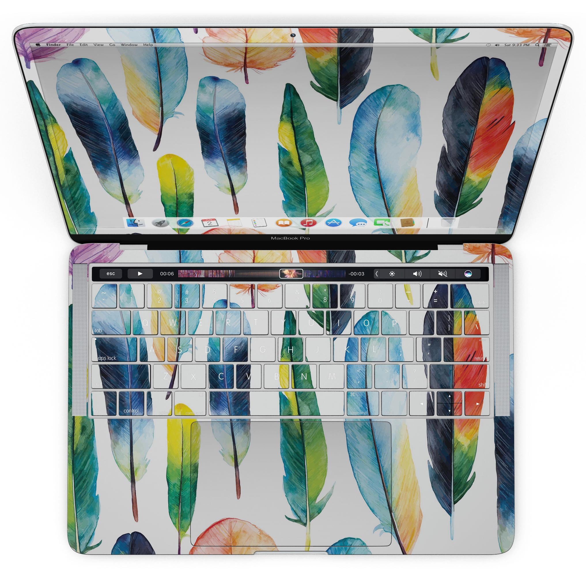 Bright Water Color Painted Feather skin for MacBook Pro, showcasing vibrant colors and a sleek design.