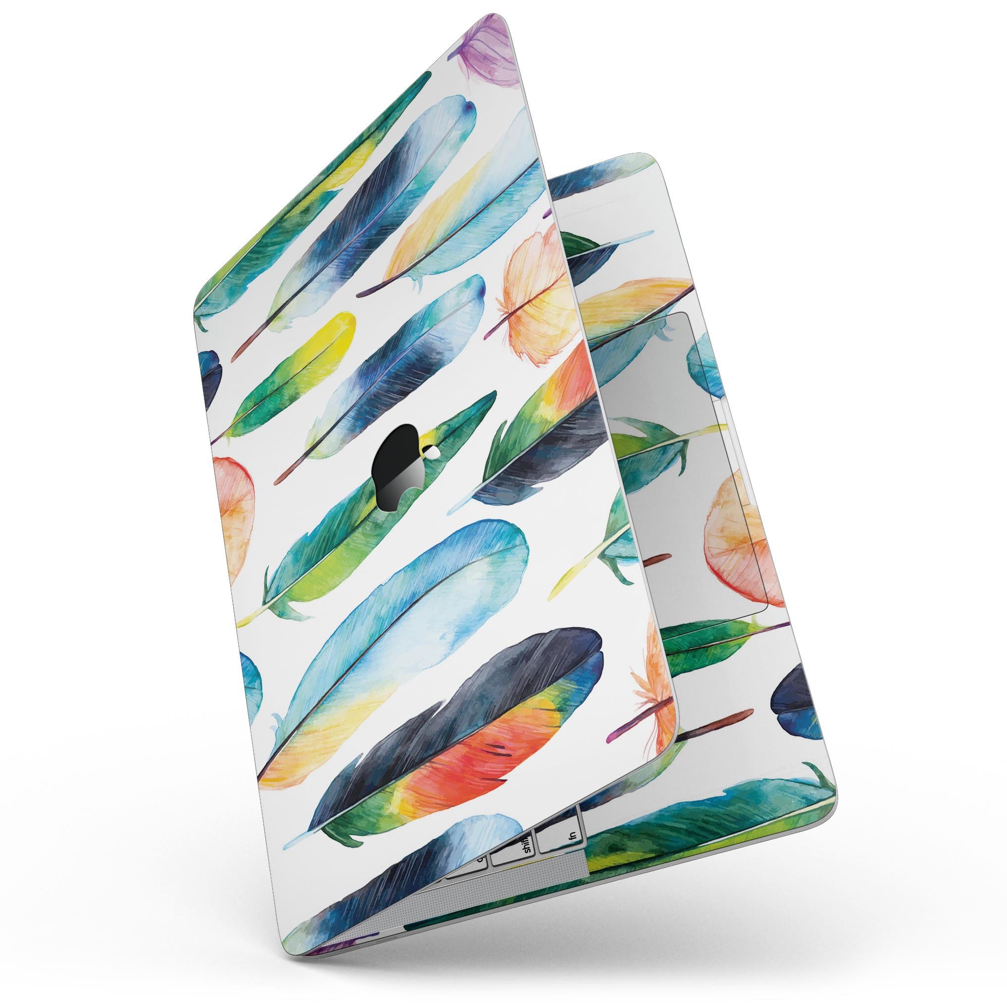 Bright Water Color Painted Feather skin for MacBook Pro, showcasing vibrant colors and a sleek design.