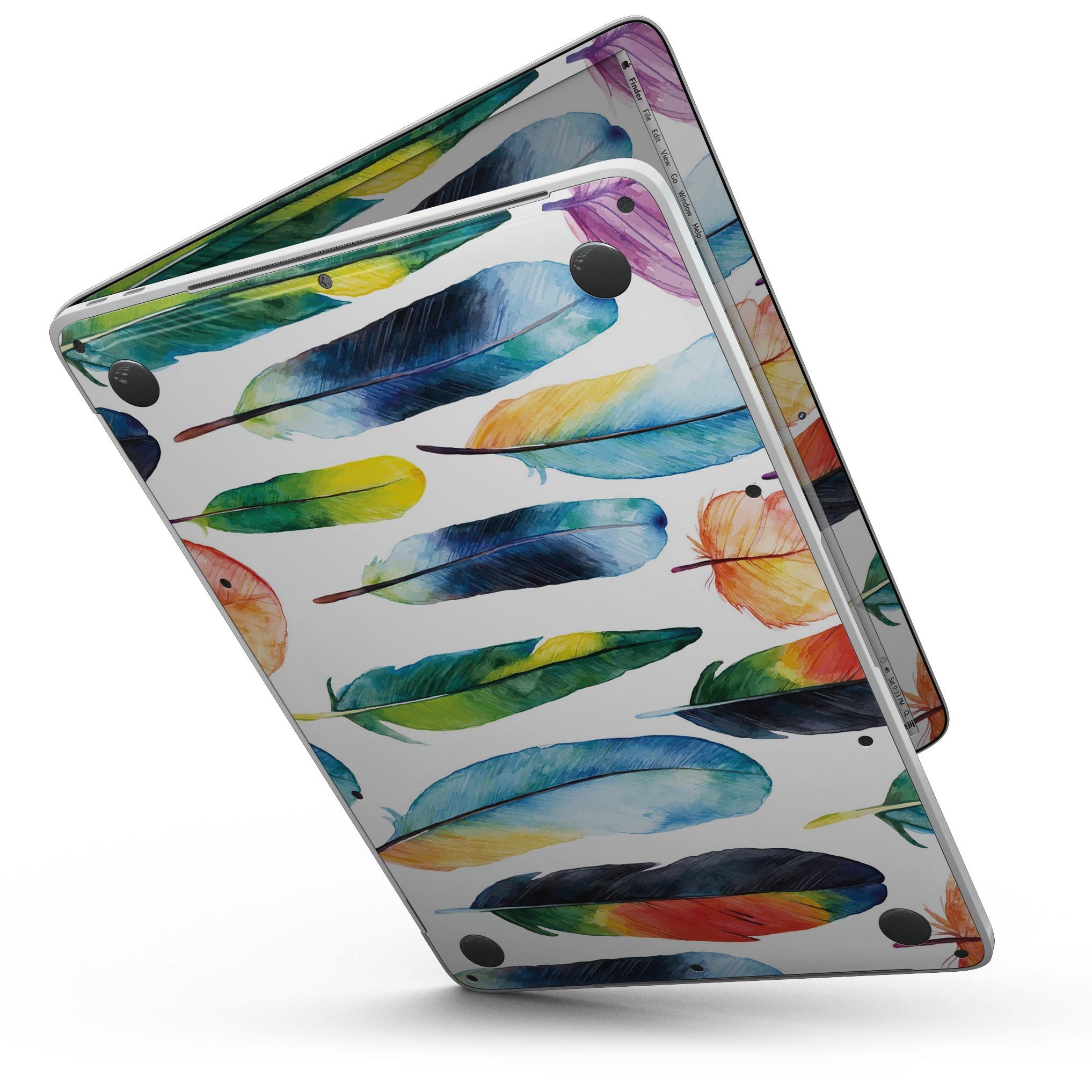 Bright Water Color Painted Feather skin for MacBook Pro, showcasing vibrant colors and a sleek design.