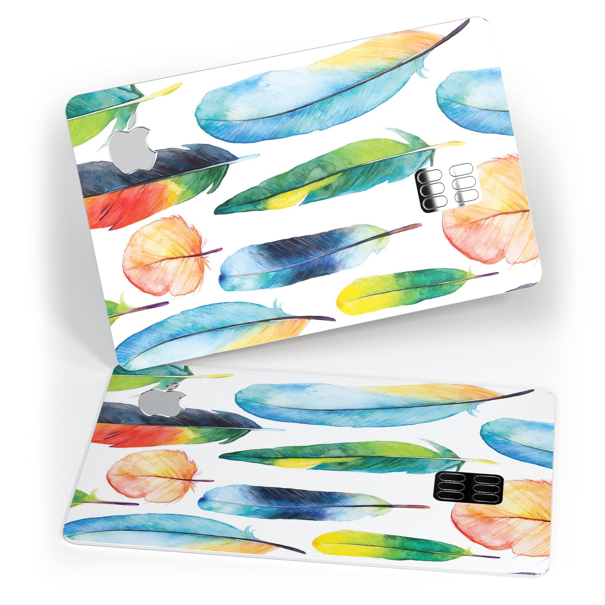 Bright Water Color Painted Feather skin for Apple Card, showcasing vibrant colors and premium vinyl material.