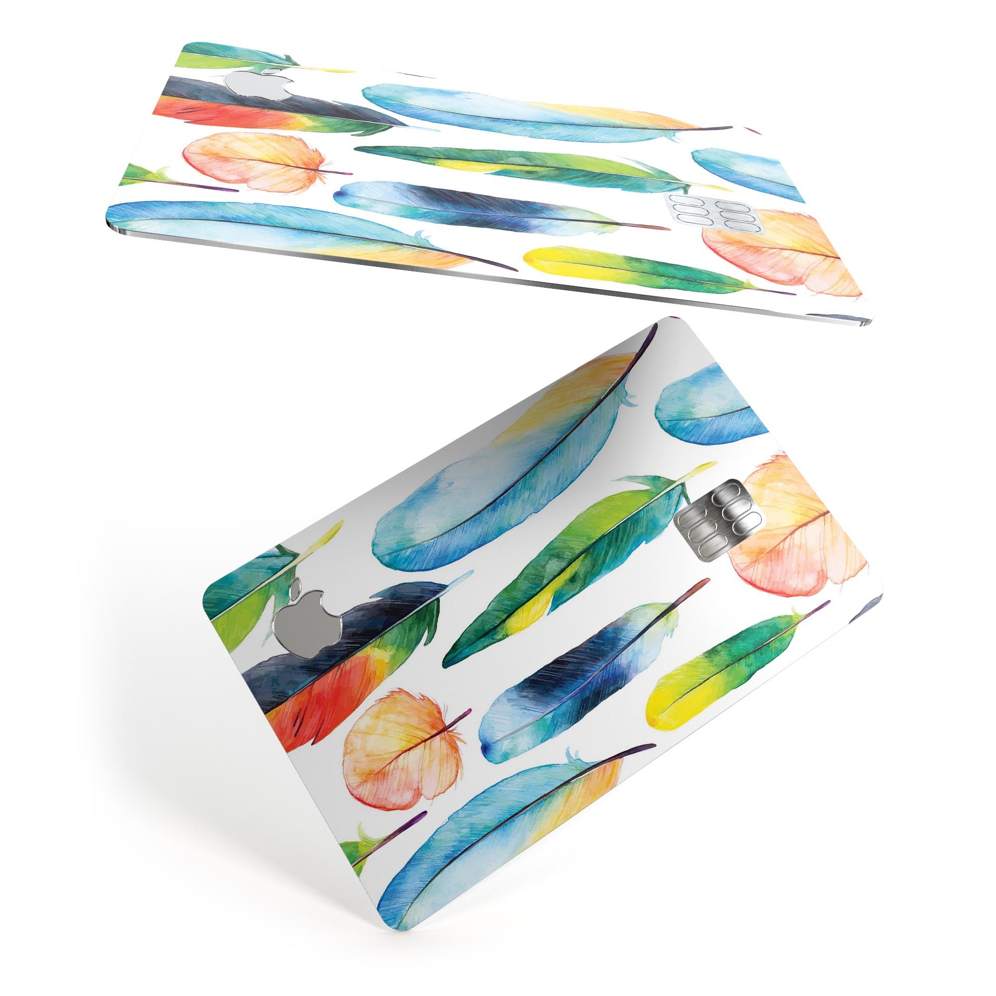 Bright Water Color Painted Feather skin for Apple Card, showcasing vibrant colors and premium vinyl material.