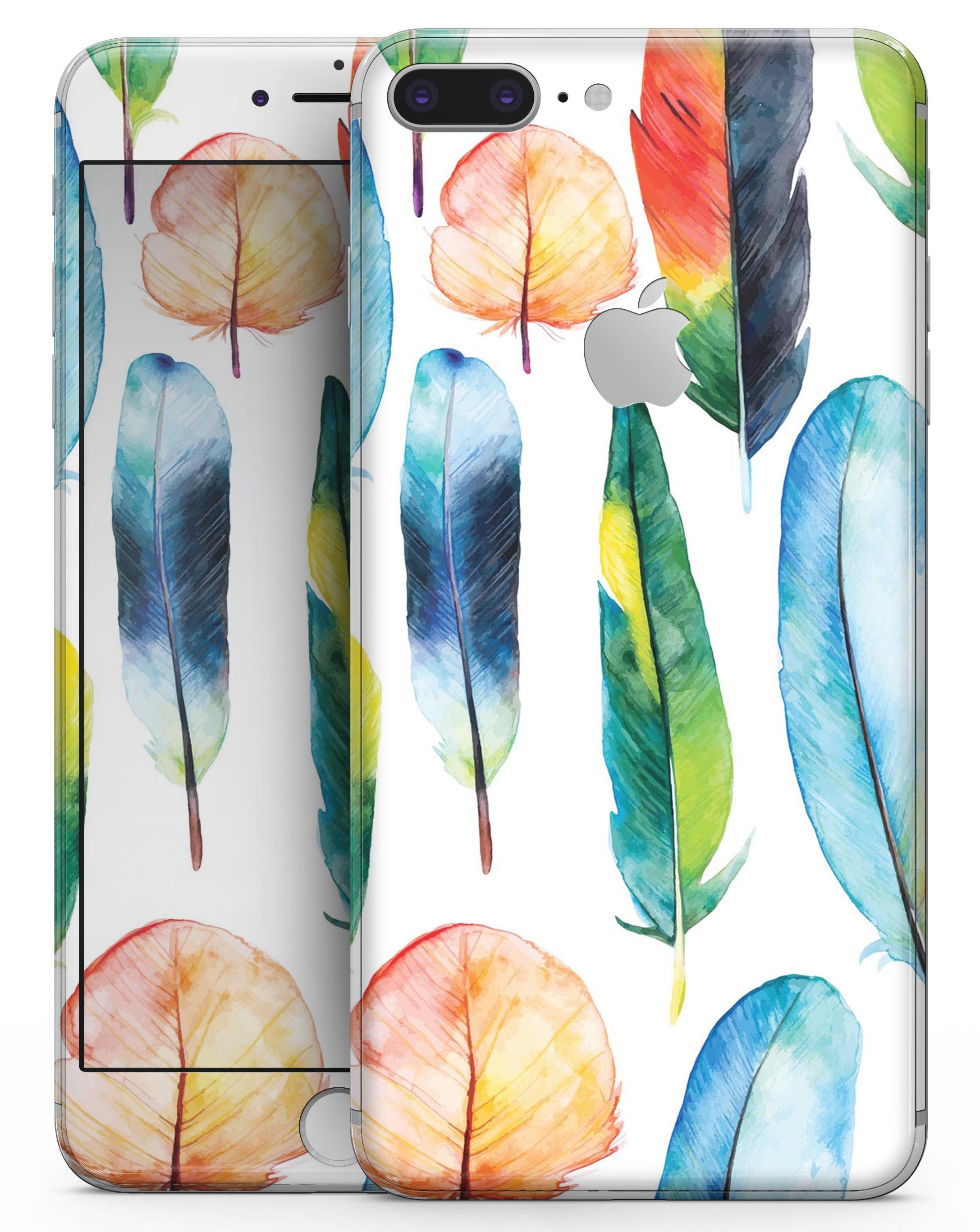Bright Water Color Painted Feather skin for iPhone 8 and 8 Plus, showcasing vibrant colors and a stylish design.