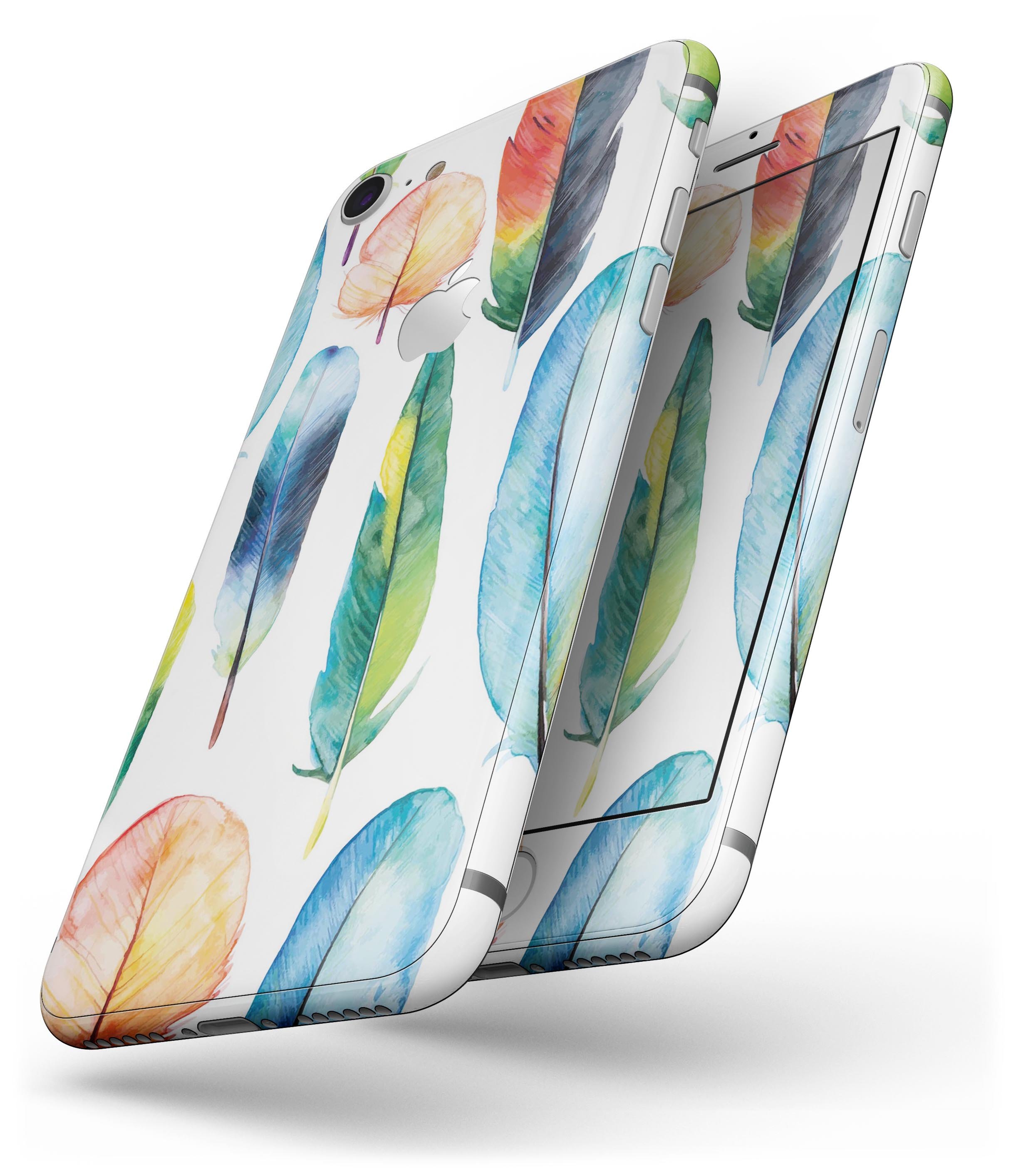 Bright Water Color Painted Feather skin for iPhone 8 and 8 Plus, showcasing vibrant colors and a stylish design.