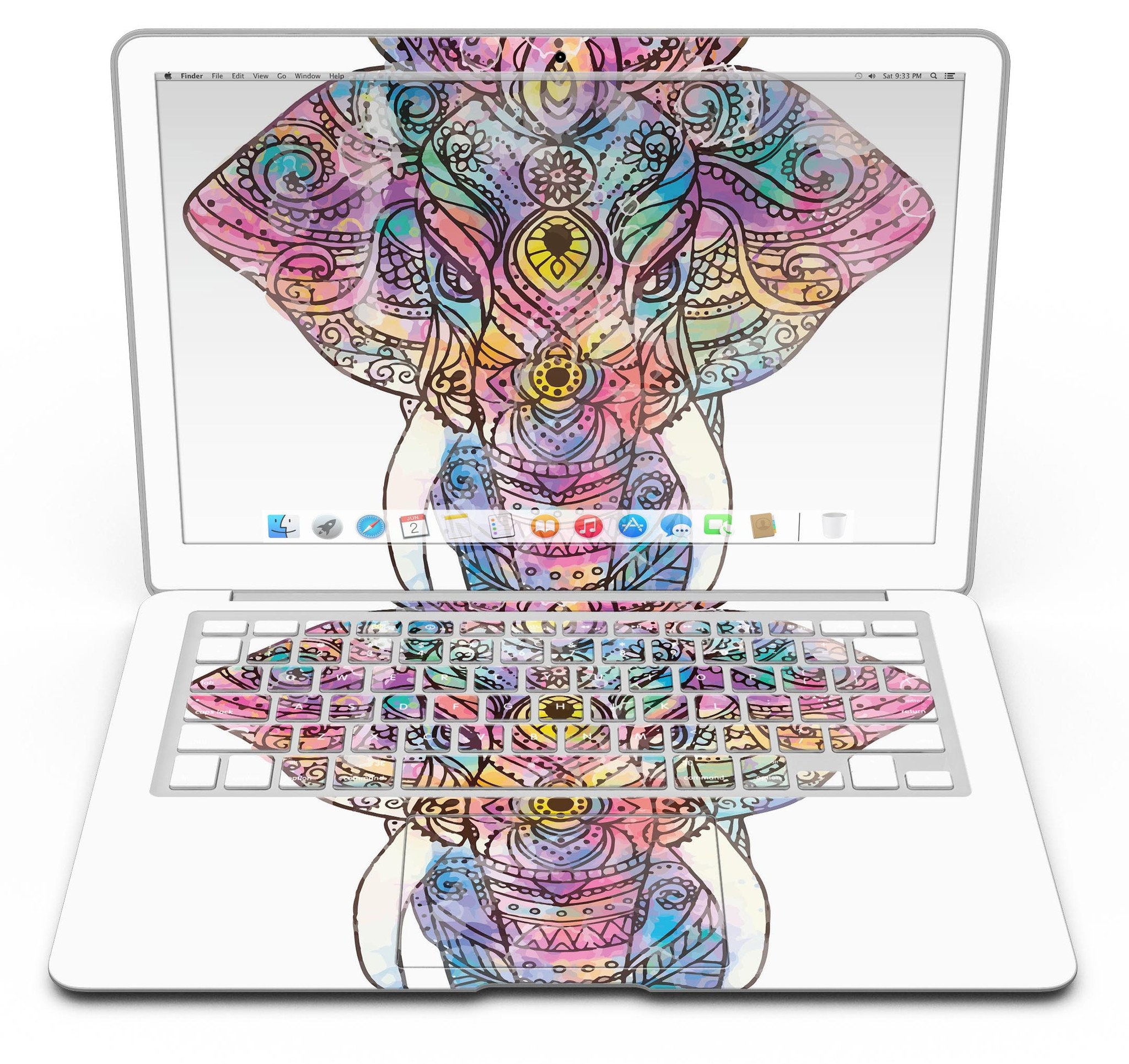 Bright Watercolor Ethnic Elephant skin for MacBook Air, showcasing vibrant colors and intricate patterns.