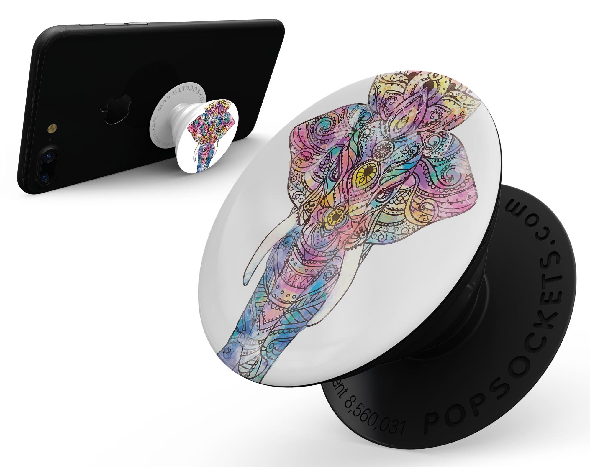 Bright Watercolor Ethnic Elephant Skin Kit for PopSockets, featuring vibrant colors and intricate design on premium vinyl material.