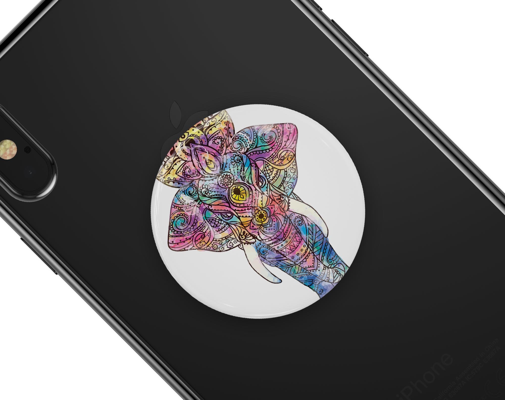 Bright Watercolor Ethnic Elephant Skin Kit for PopSockets, featuring vibrant colors and intricate design on premium vinyl material.