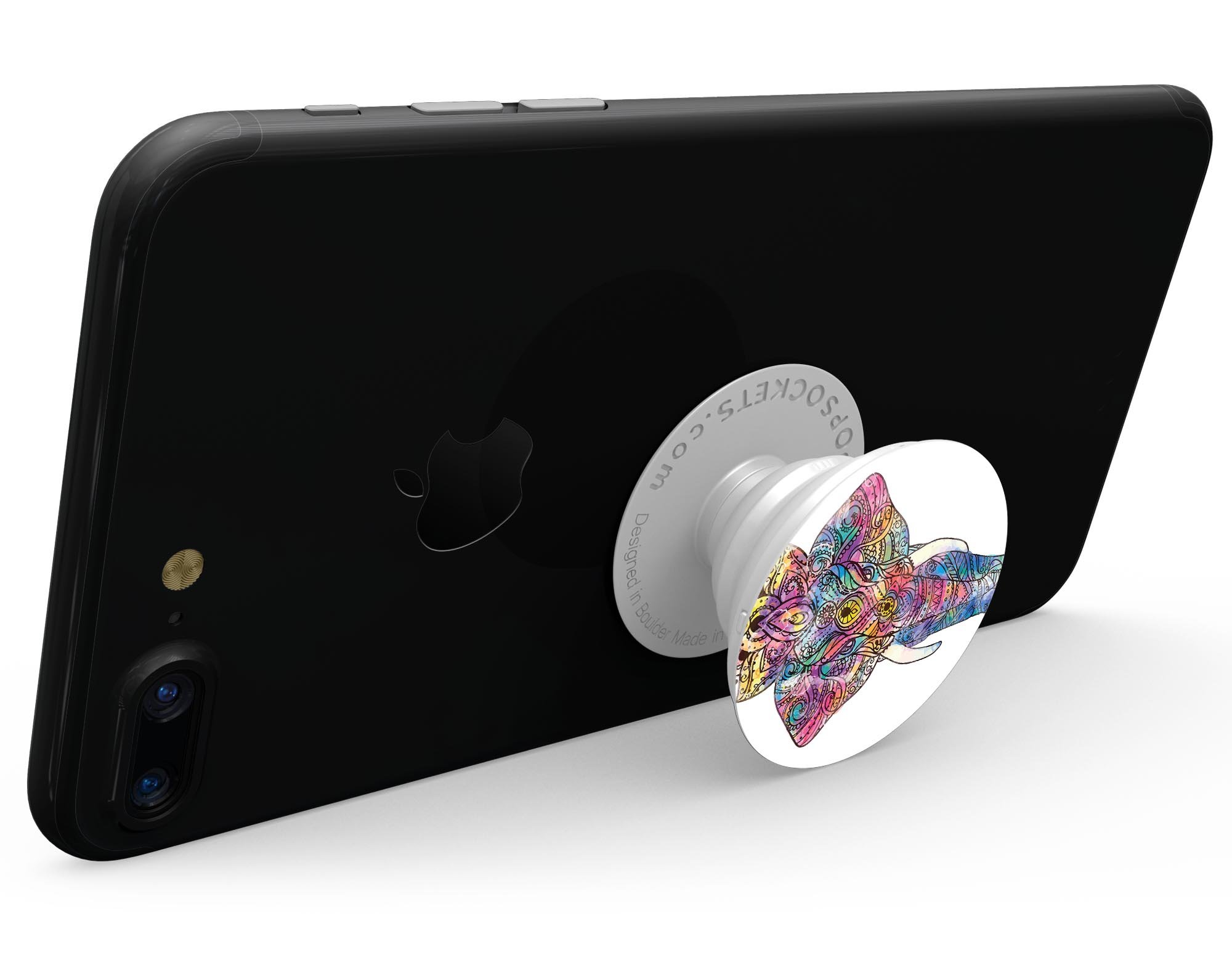 Bright Watercolor Ethnic Elephant Skin Kit for PopSockets, featuring vibrant colors and intricate design on premium vinyl material.