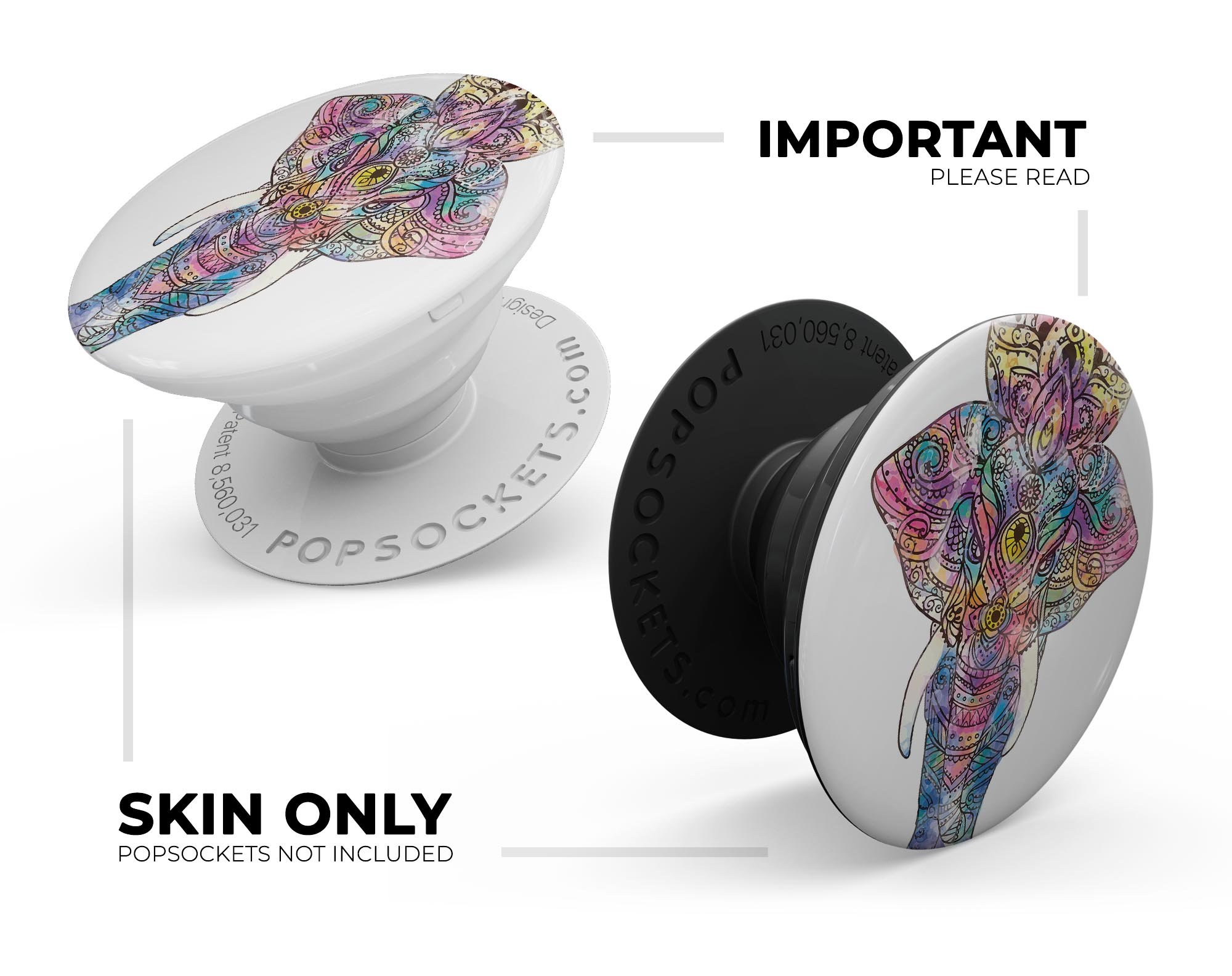 Bright Watercolor Ethnic Elephant Skin Kit for PopSockets, featuring vibrant colors and intricate design on premium vinyl material.