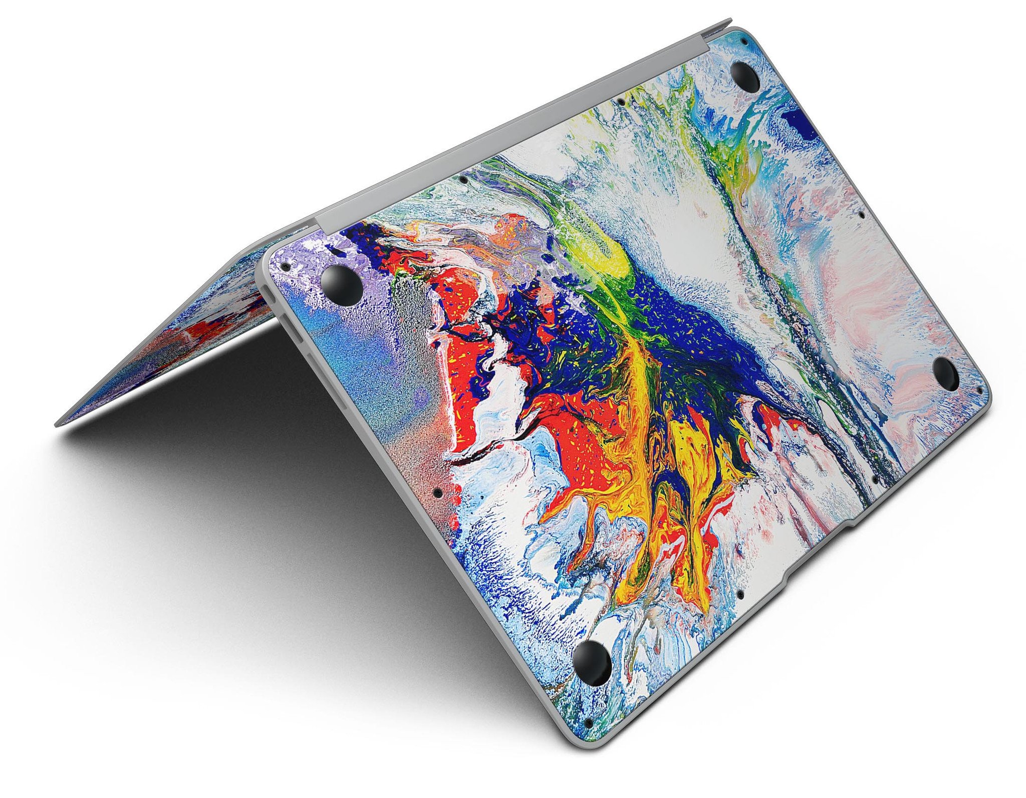 Bright White and Primary Color Paint Explosion Skin Kit for MacBook Air, showcasing vibrant colors and a sleek design.