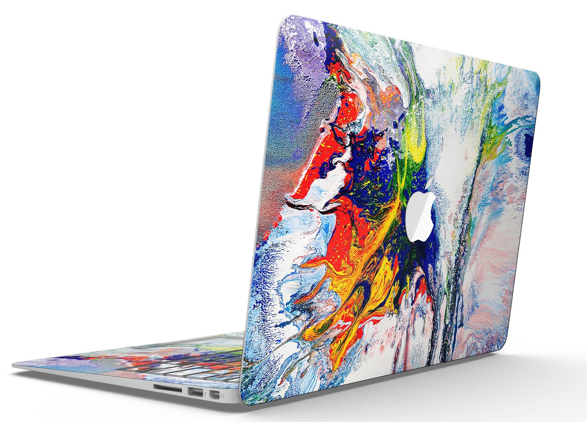 Bright White and Primary Color Paint Explosion Skin Kit for MacBook Air, showcasing vibrant colors and a sleek design.