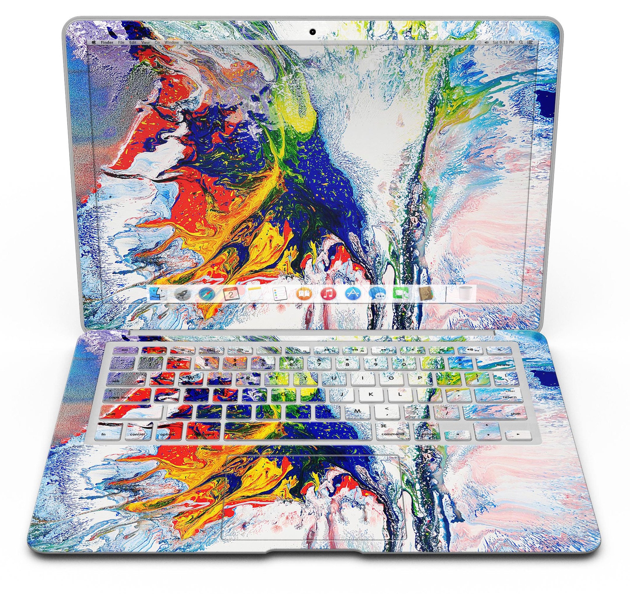 Bright White and Primary Color Paint Explosion Skin Kit for MacBook Air, showcasing vibrant colors and a sleek design.