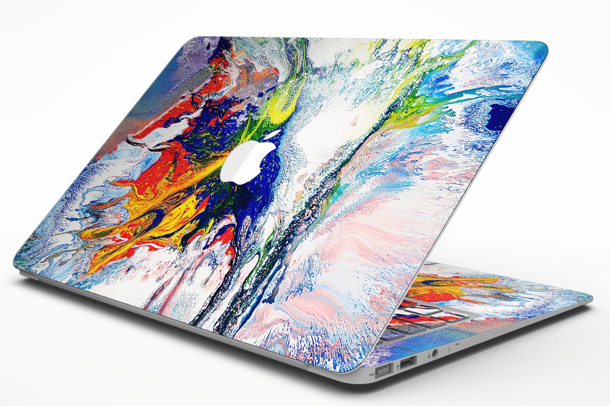 Bright White and Primary Color Paint Explosion Skin Kit for MacBook Air, showcasing vibrant colors and a sleek design.