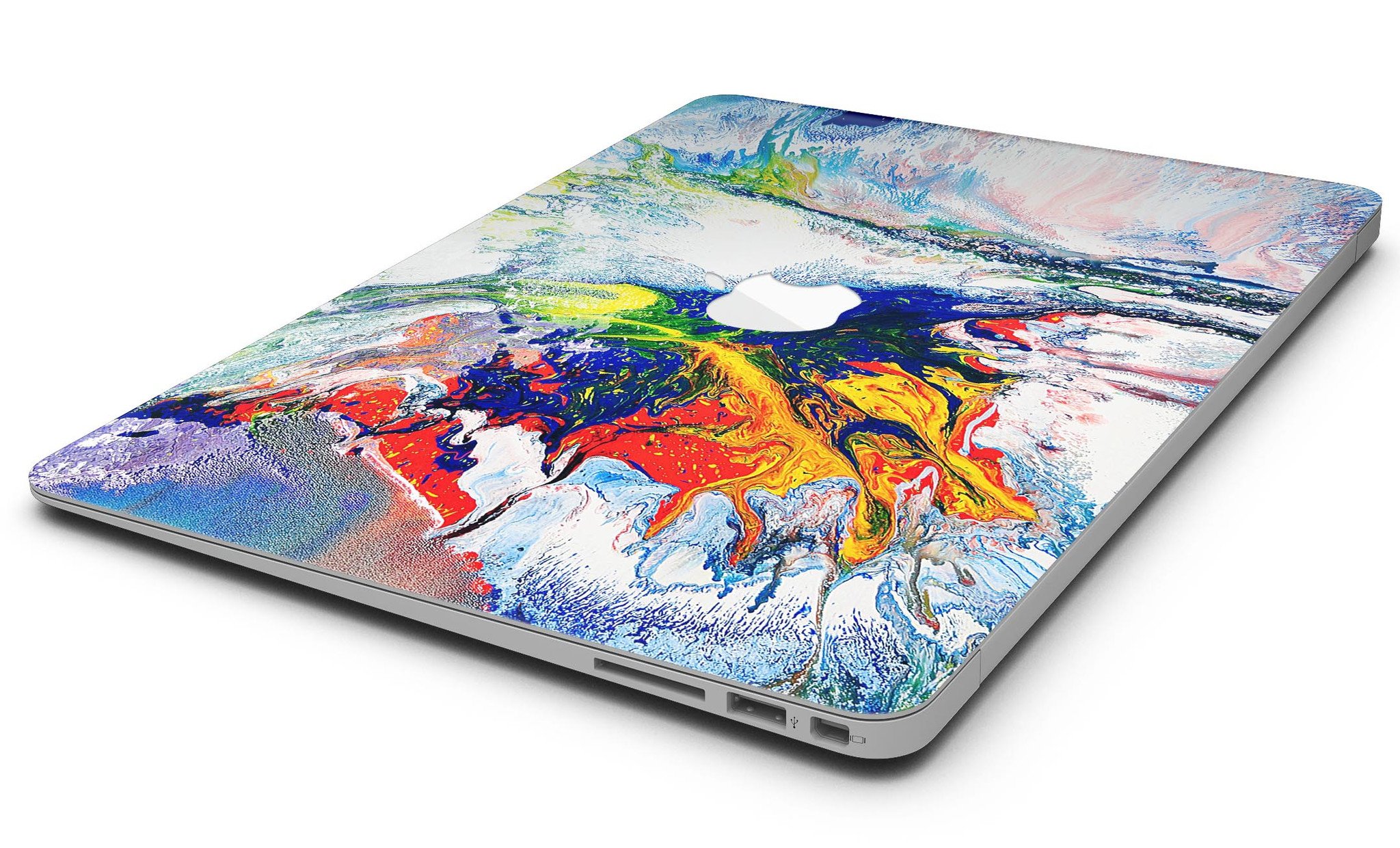 Bright White and Primary Color Paint Explosion Skin Kit for MacBook Air, showcasing vibrant colors and a sleek design.