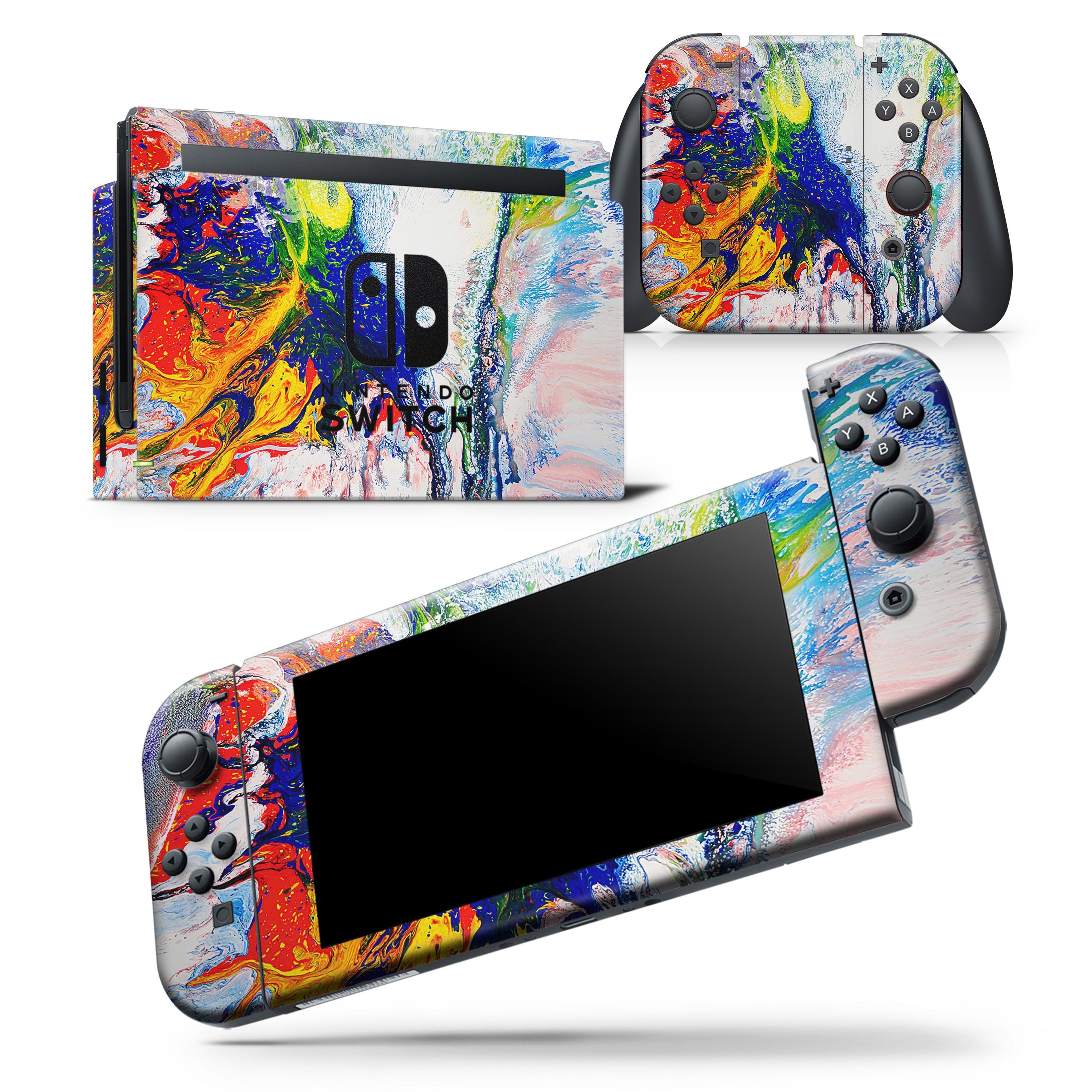 Bright White and Primary Color Paint Explosion skin wrap decal for Nintendo Switch, showcasing vibrant colors and a sleek design.