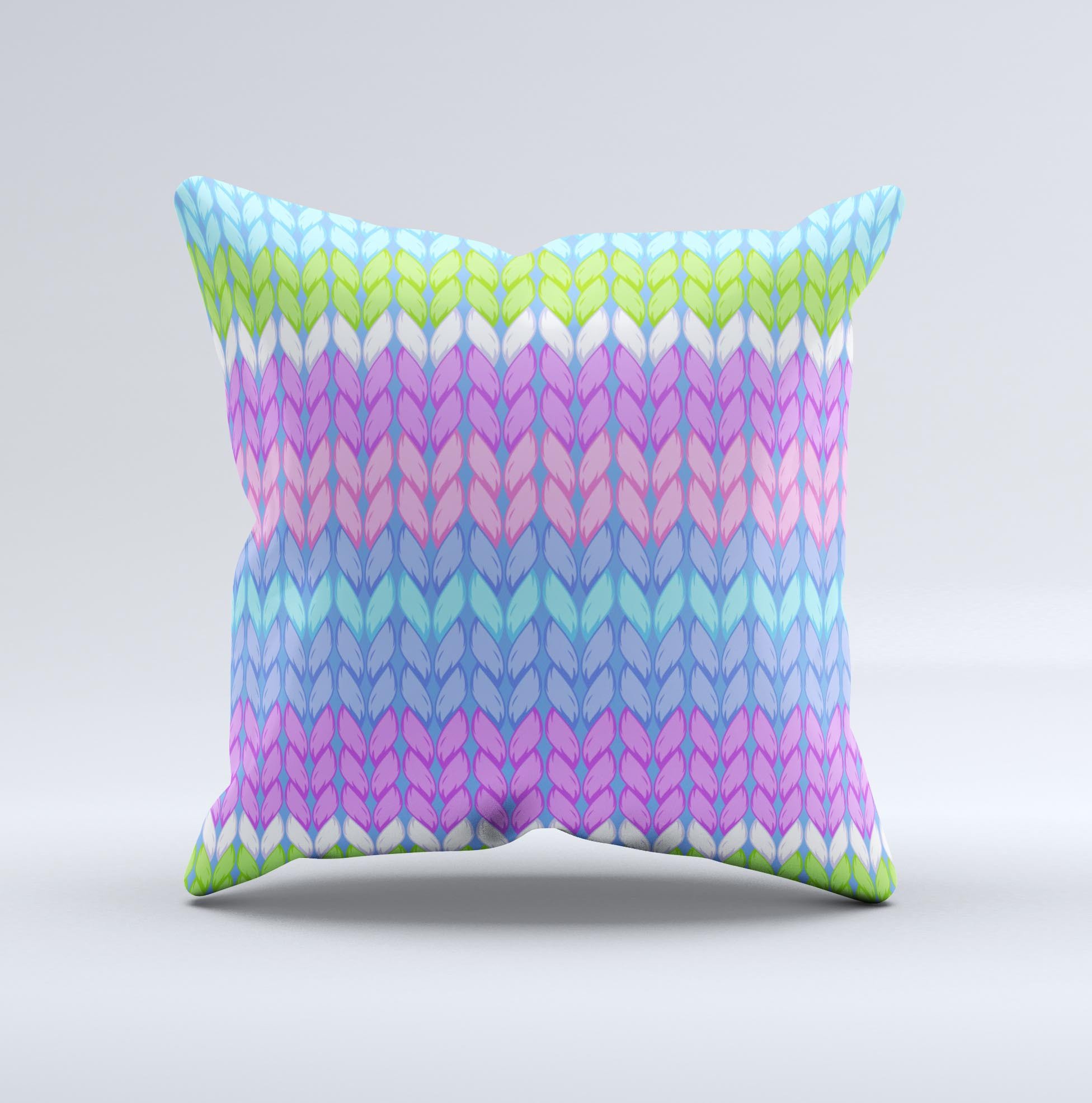 Bright-colored decorative throw pillow with a knit pattern, showcasing vibrant colors and unique handmade design.