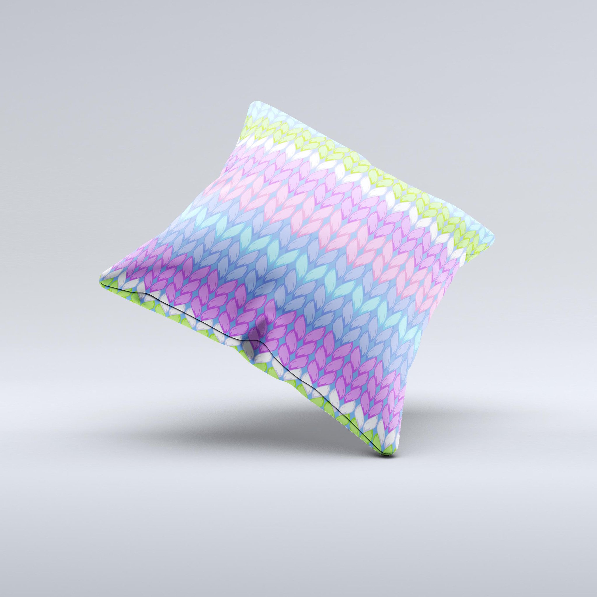 Bright-colored decorative throw pillow with a knit pattern, showcasing vibrant colors and unique handmade design.