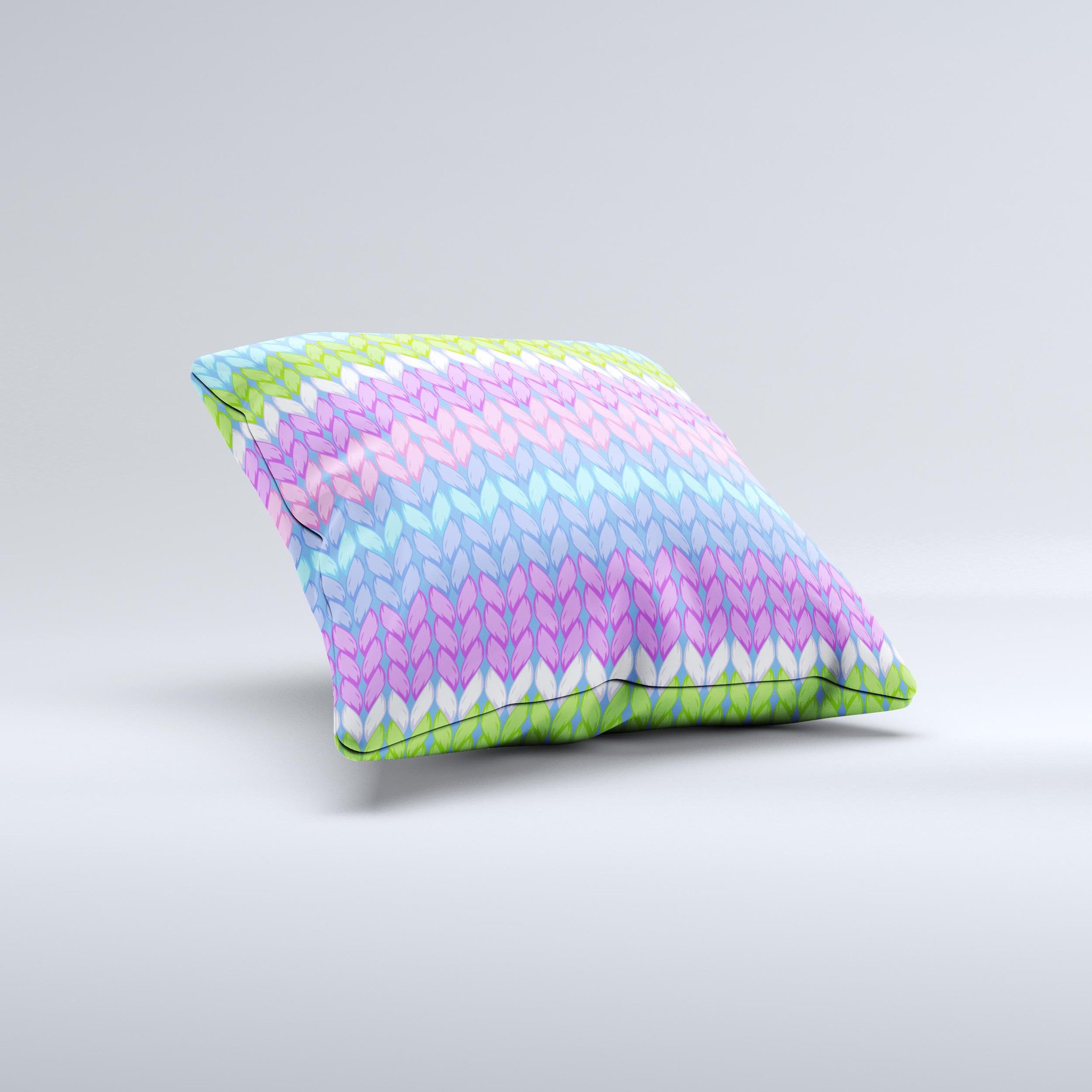 Bright-colored decorative throw pillow with a knit pattern, showcasing vibrant colors and unique handmade design.