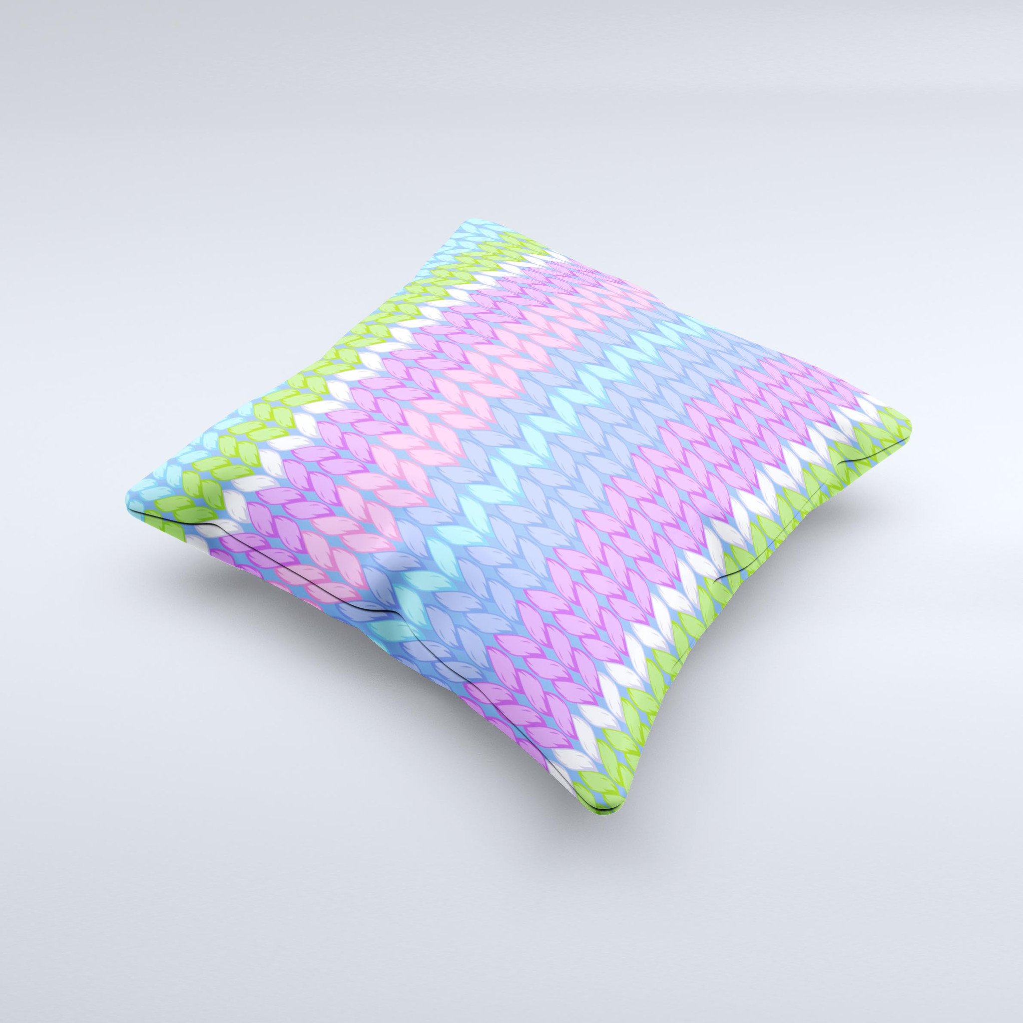 Bright-colored decorative throw pillow with a knit pattern, showcasing vibrant colors and unique handmade design.
