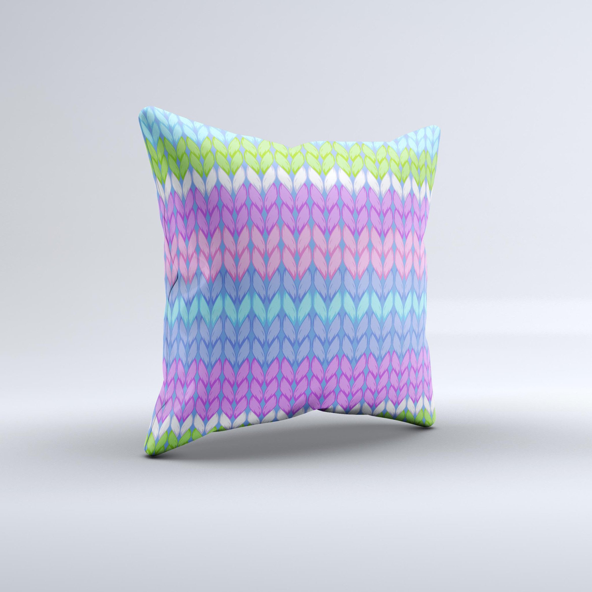 Bright-colored decorative throw pillow with a knit pattern, showcasing vibrant colors and unique handmade design.