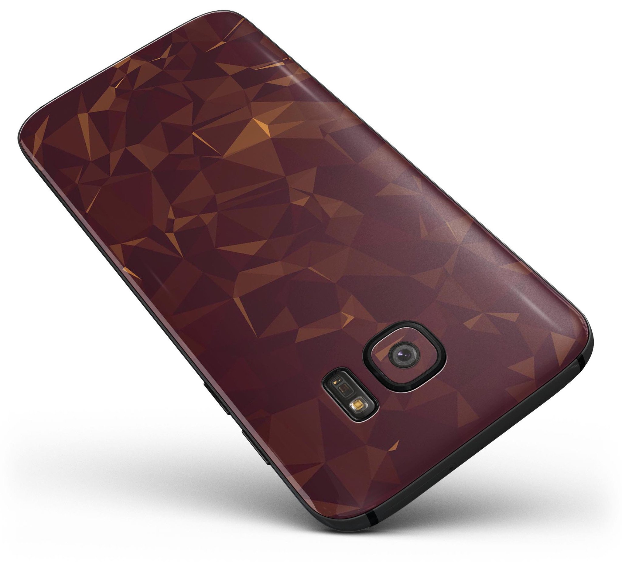 Brown and copper abstract geometric shapes skin kit for Samsung Galaxy S7 and S7 Edge, showcasing full-body coverage and stylish design.