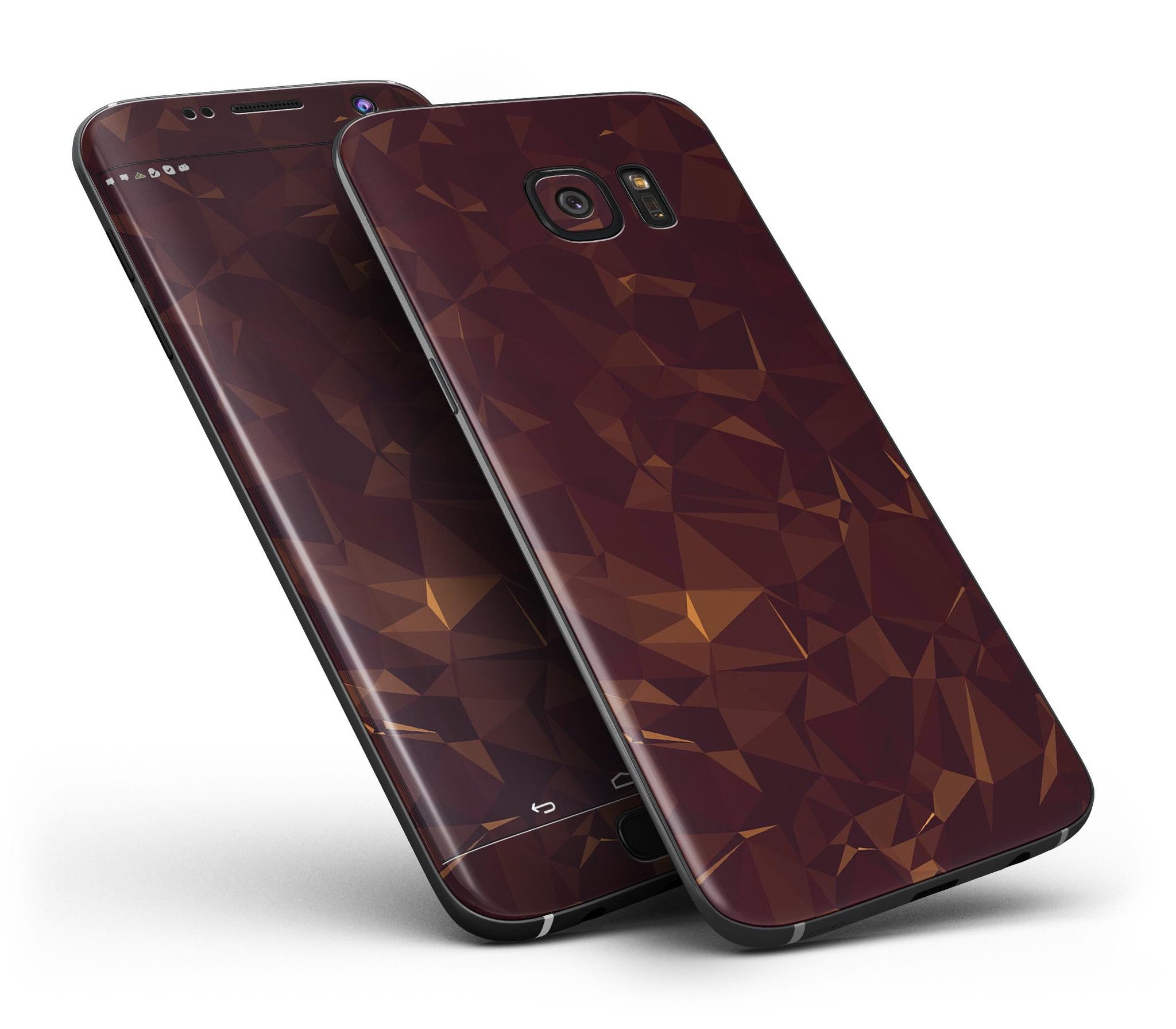 Brown and copper abstract geometric shapes skin kit for Samsung Galaxy S7 and S7 Edge, showcasing full-body coverage and stylish design.