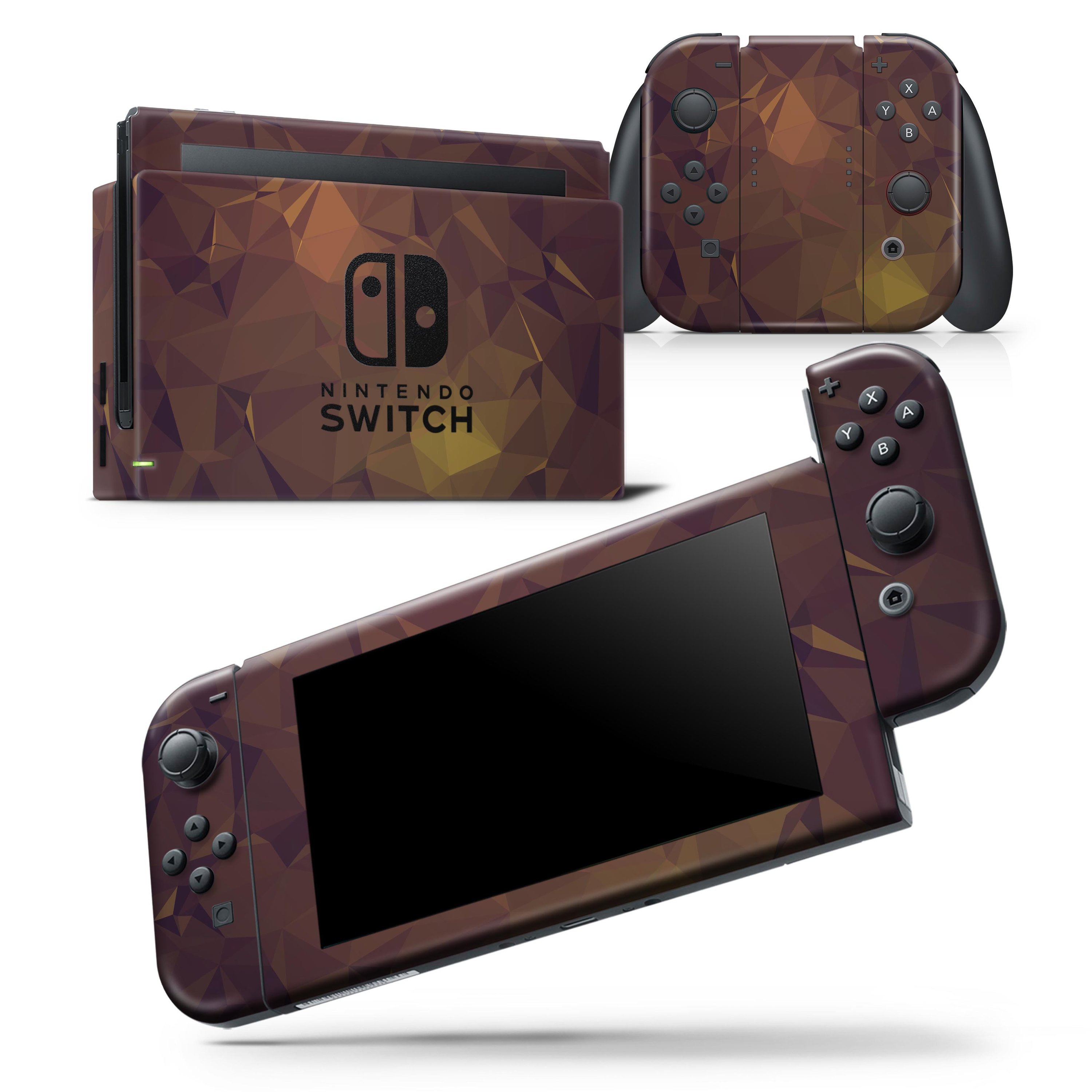 Brown and gold geometric triangles skin wrap decal for Nintendo Switch, showcasing a stylish design that fits the console and controllers perfectly.