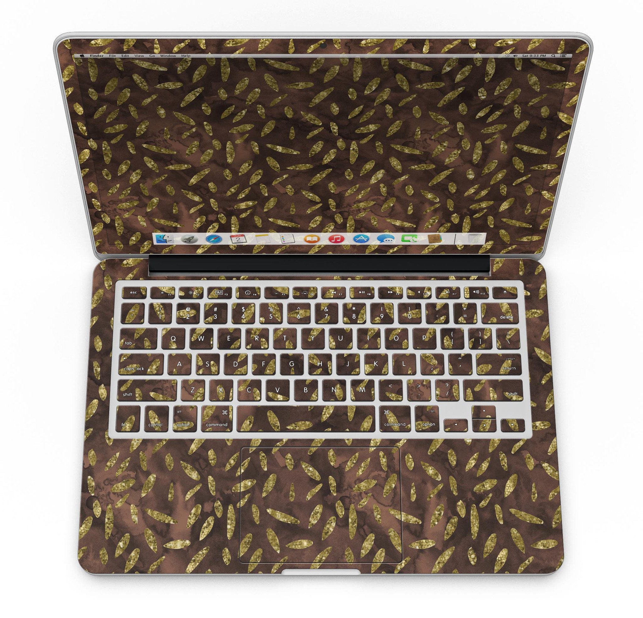 Brown and Gold Leaf Pattern skin for MacBook Pro with Retina Display, showcasing a stylish design that protects the device.