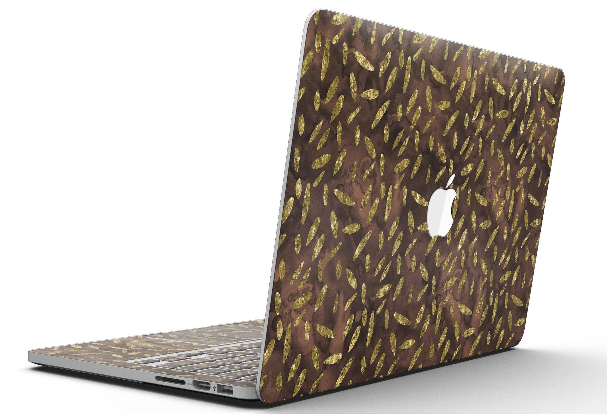 Brown and Gold Leaf Pattern skin for MacBook Pro with Retina Display, showcasing a stylish design that protects the device.