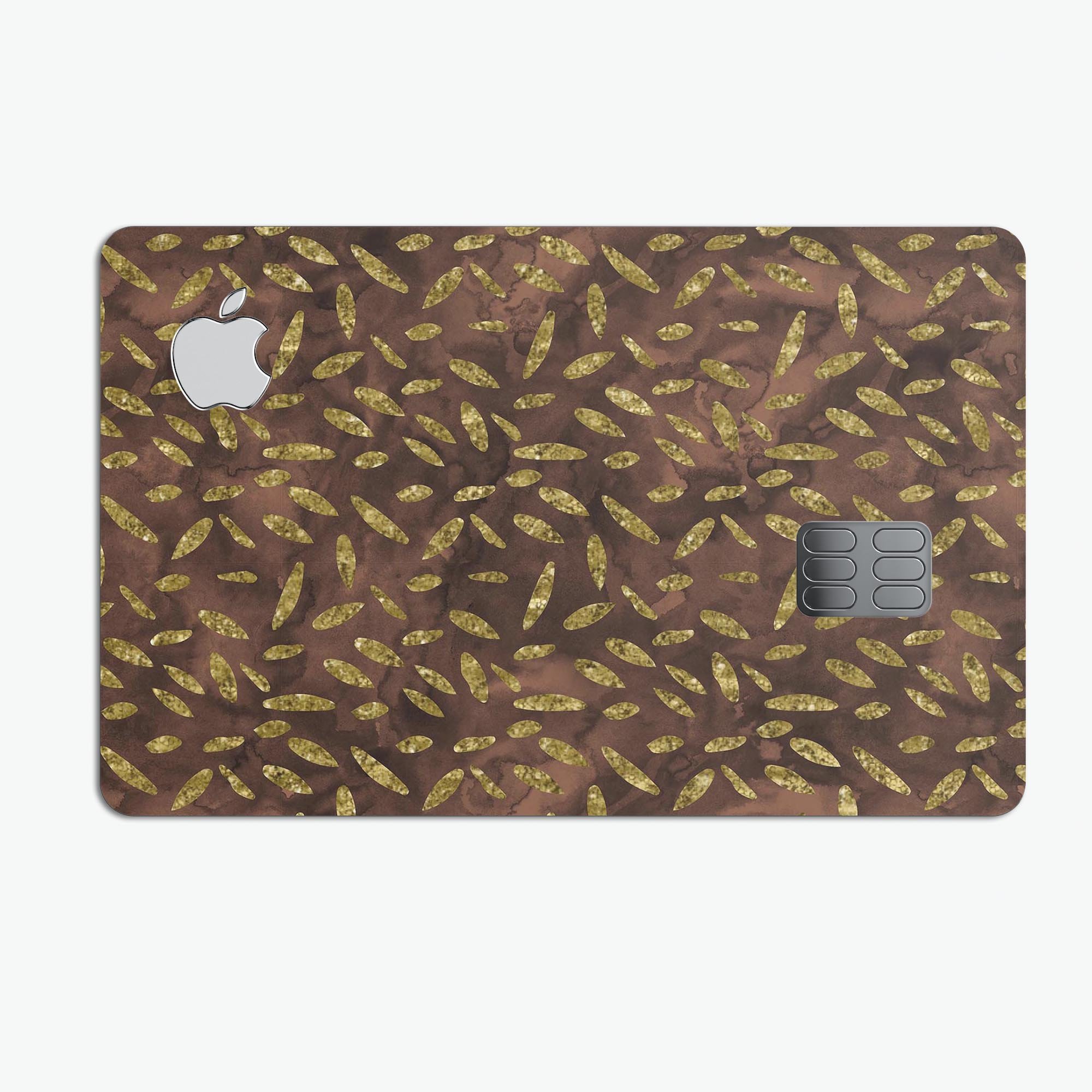 Brown and Gold Leaf Pattern decal skin for Apple Card, showcasing its elegant design and premium quality.
