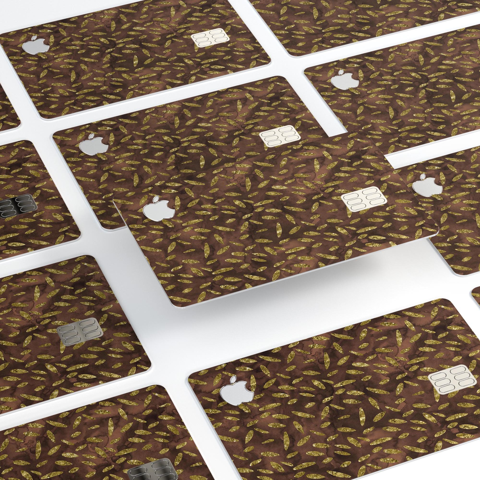 Brown and Gold Leaf Pattern decal skin for Apple Card, showcasing its elegant design and premium quality.
