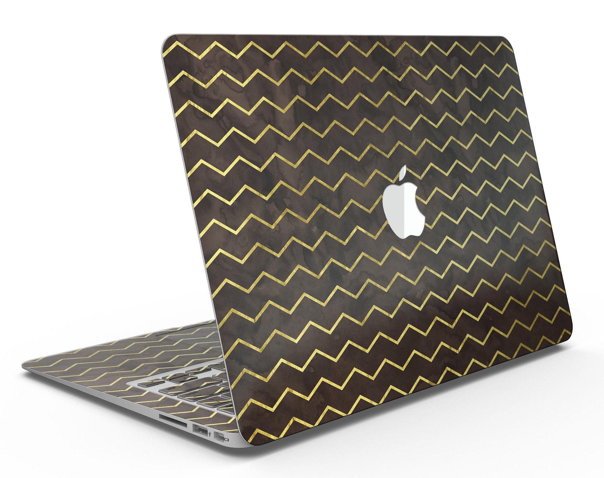 Brown and Gold Watercolor Chevron MacBook Air Skin Kit showcasing vibrant colors and stylish design.
