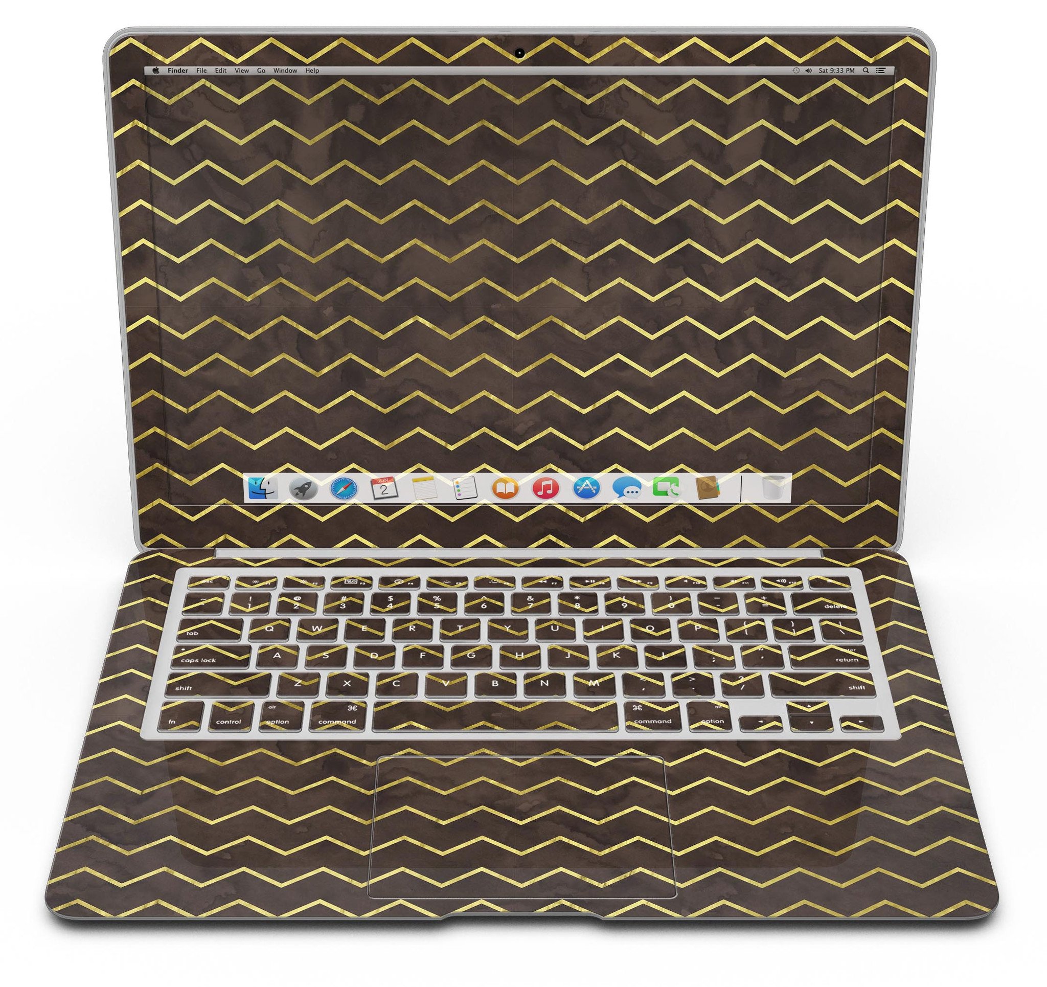 Brown and Gold Watercolor Chevron MacBook Air Skin Kit showcasing vibrant colors and stylish design.