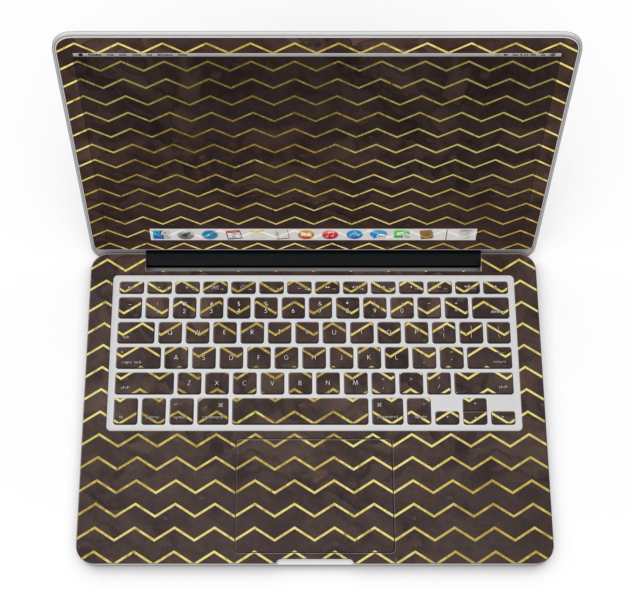 Brown and Gold Watercolor Chevron skin for MacBook Pro with Retina Display, showcasing a stylish design that protects the device.