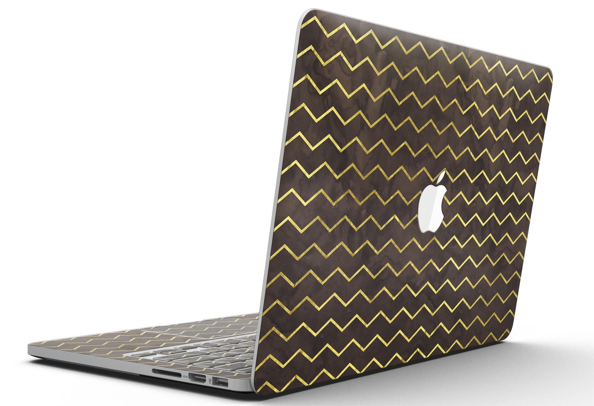 Brown and Gold Watercolor Chevron skin for MacBook Pro with Retina Display, showcasing a stylish design that protects the device.