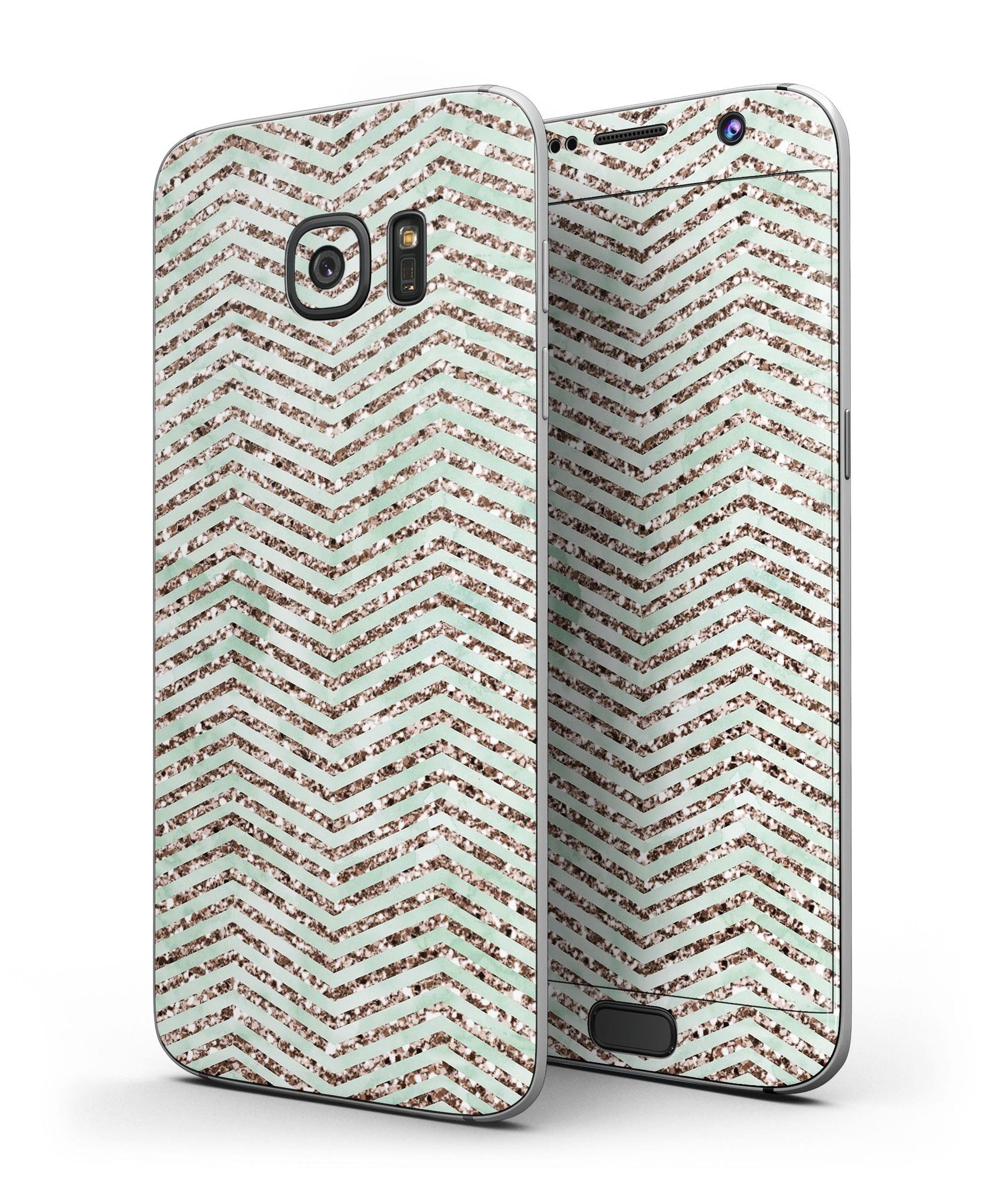 Brown and Green Glimmer Chevron skin kit for Samsung Galaxy S7/S7 Edge, showcasing its stylish design and premium vinyl material.