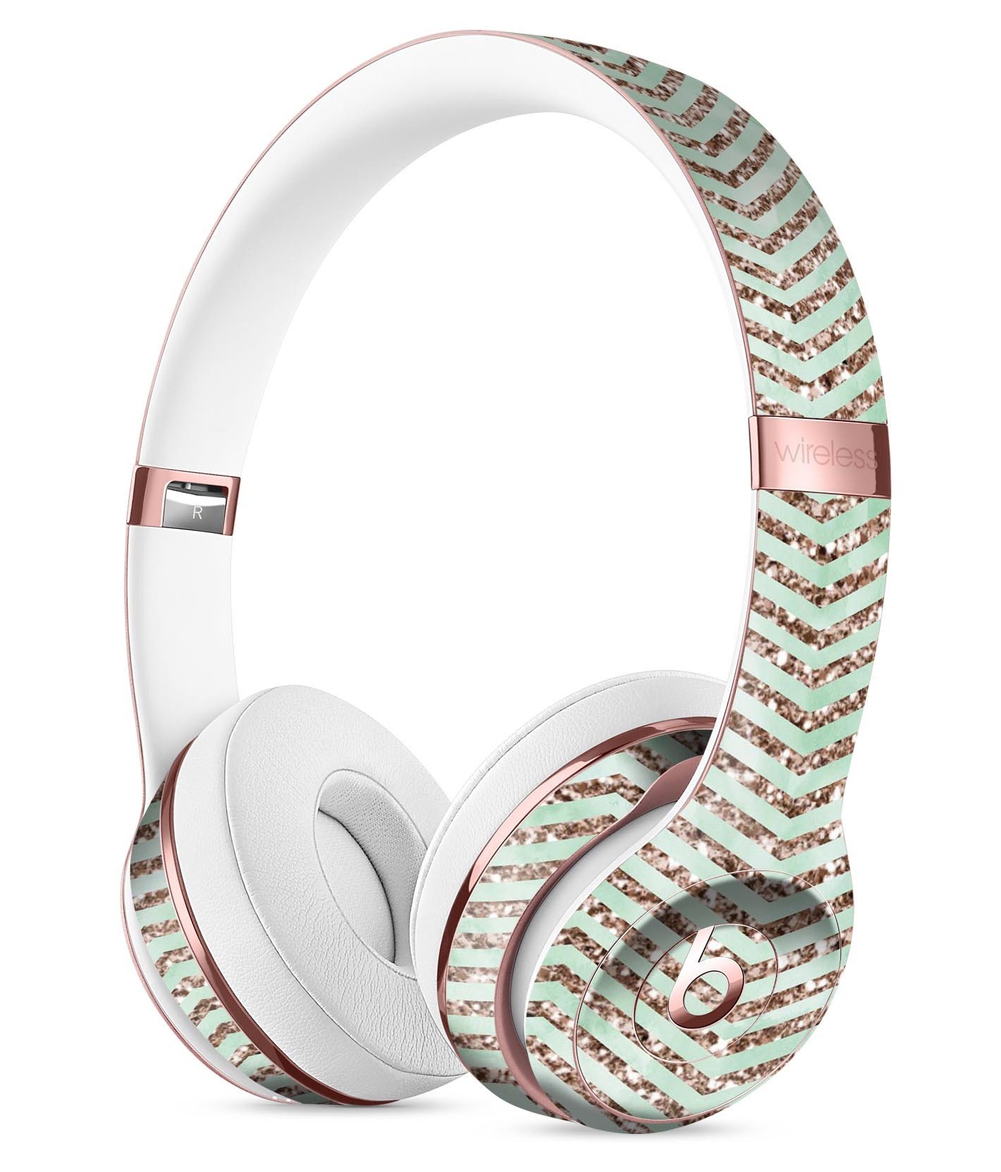 Brown and green chevron patterned skin kit for Beats by Dre Solo 3 Wireless headphones, showcasing its stylish design and protective features.