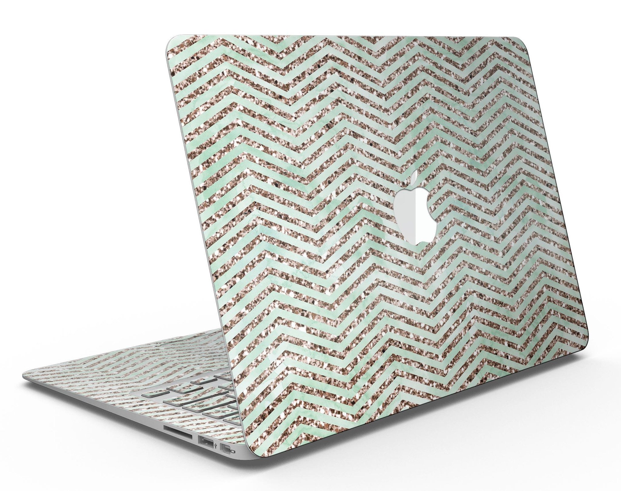 Brown and Green Glimmer Chevron MacBook Air Skin Kit showcasing a stylish chevron pattern on a sleek device.