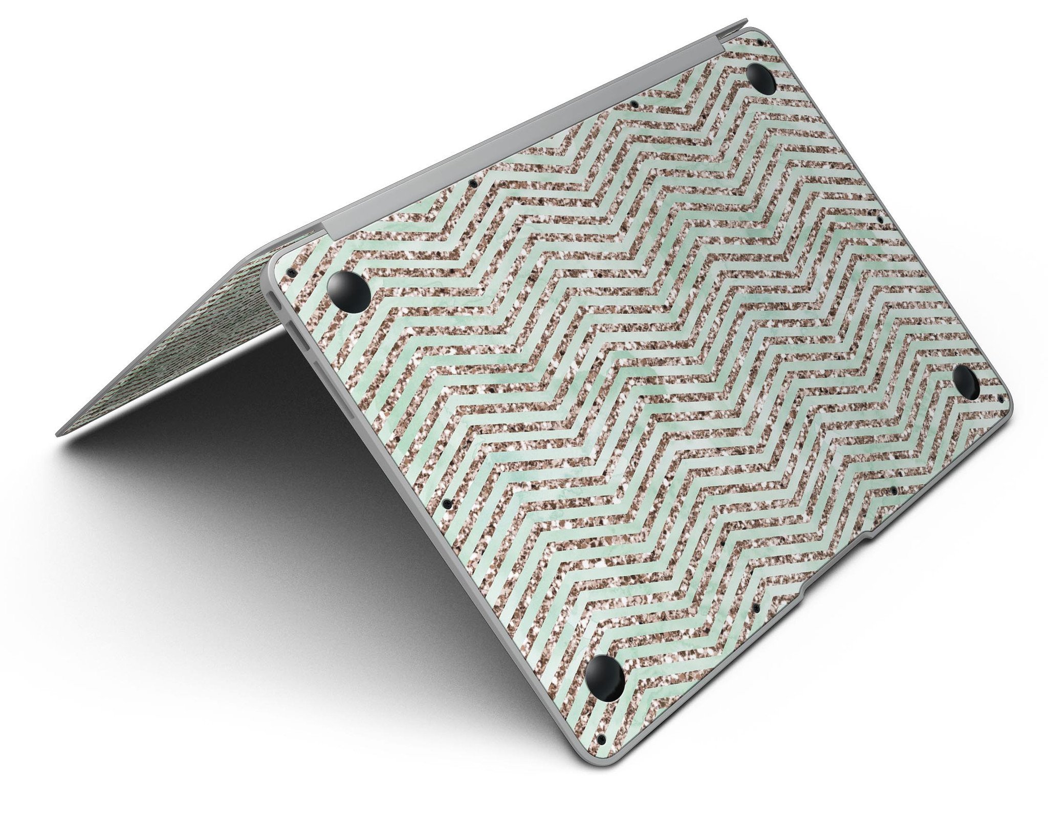 Brown and Green Glimmer Chevron MacBook Air Skin Kit showcasing a stylish chevron pattern on a sleek device.