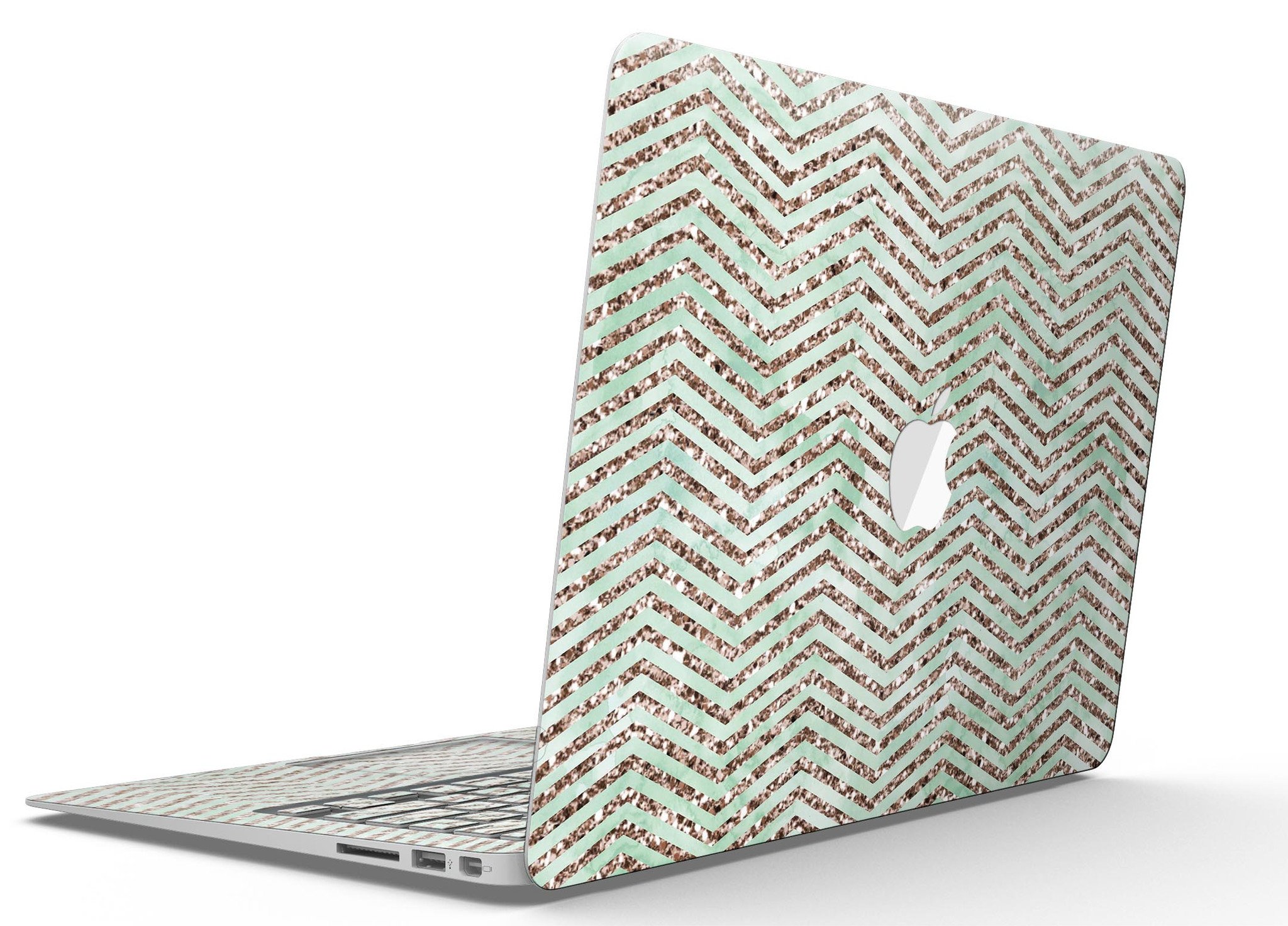 Brown and Green Glimmer Chevron MacBook Air Skin Kit showcasing a stylish chevron pattern on a sleek device.