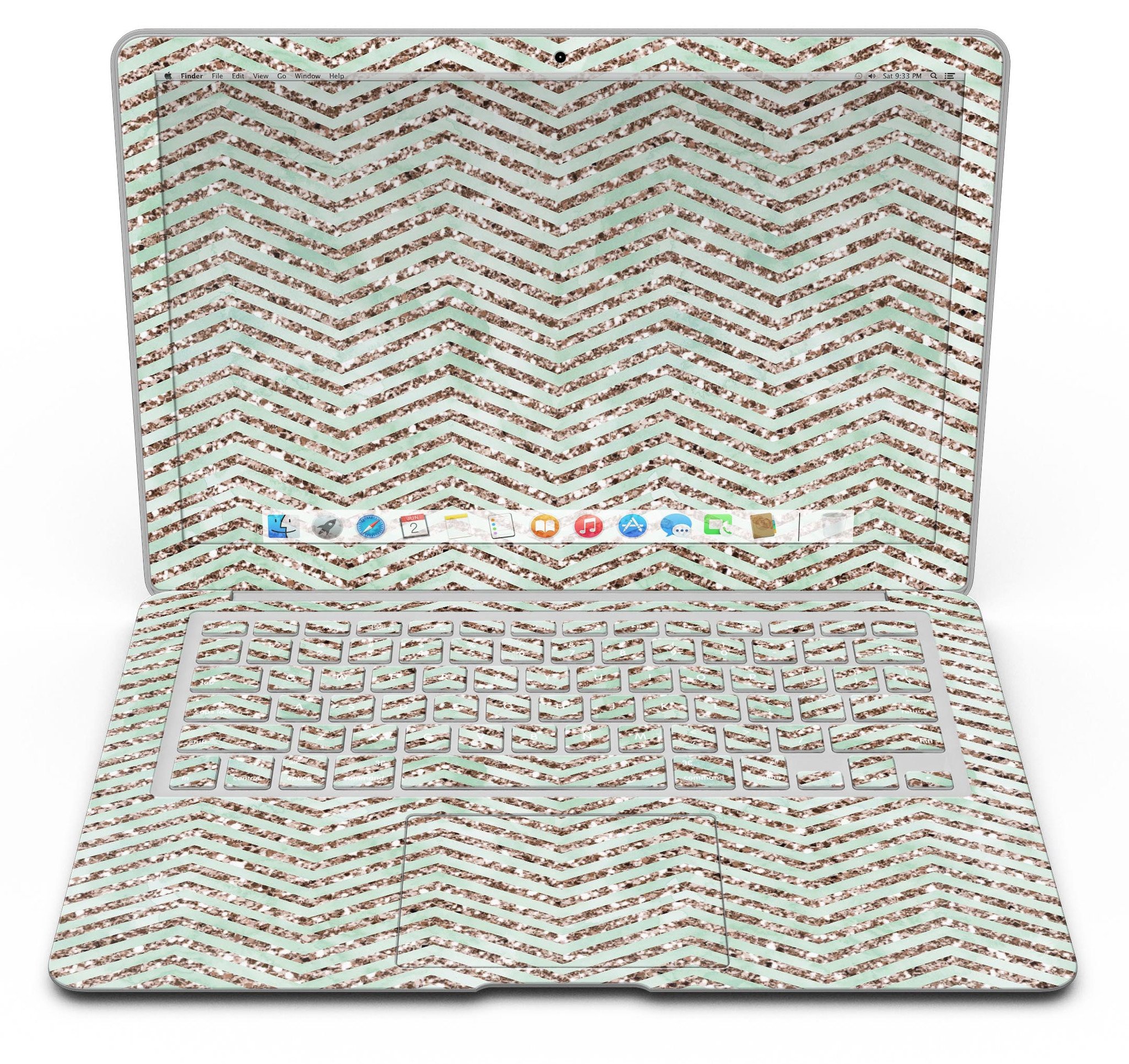 Brown and Green Glimmer Chevron MacBook Air Skin Kit showcasing a stylish chevron pattern on a sleek device.