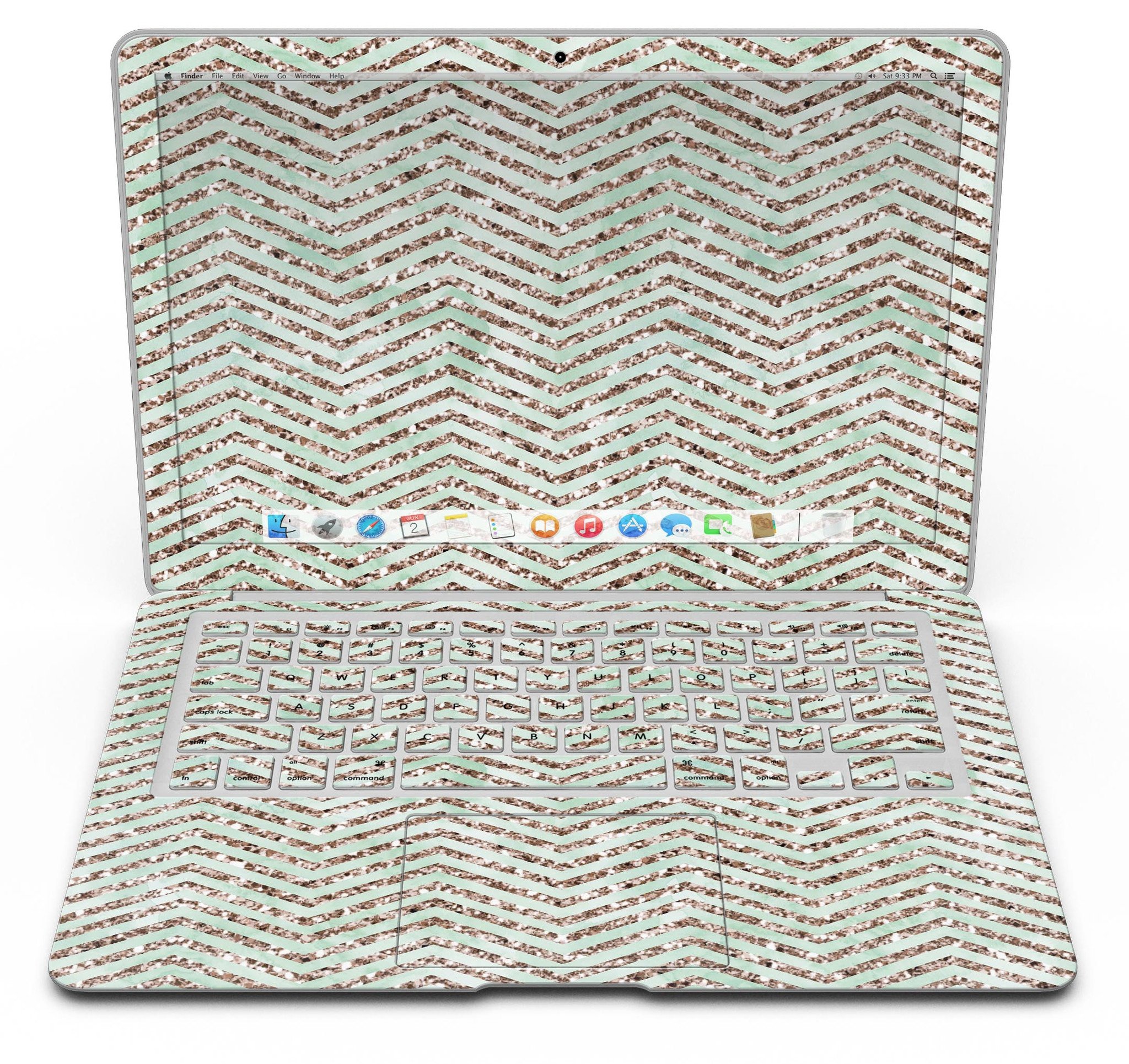 Brown and Green Glimmer Chevron MacBook Air Skin Kit showcasing a stylish chevron pattern on a sleek device.