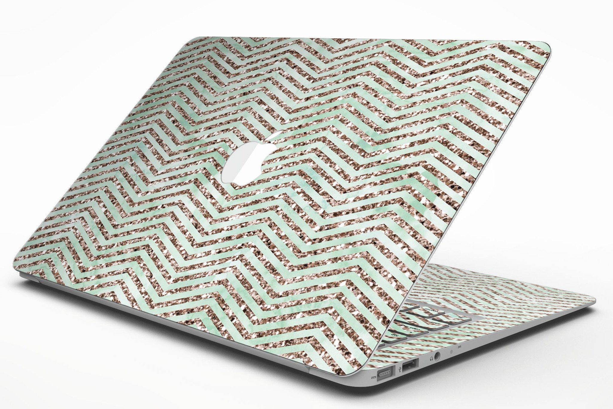 Brown and Green Glimmer Chevron MacBook Air Skin Kit showcasing a stylish chevron pattern on a sleek device.