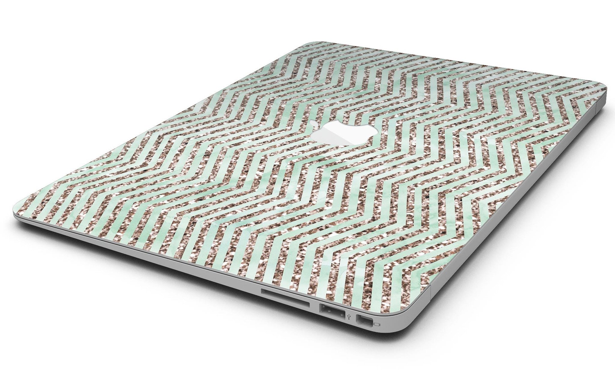 Brown and Green Glimmer Chevron MacBook Air Skin Kit showcasing a stylish chevron pattern on a sleek device.