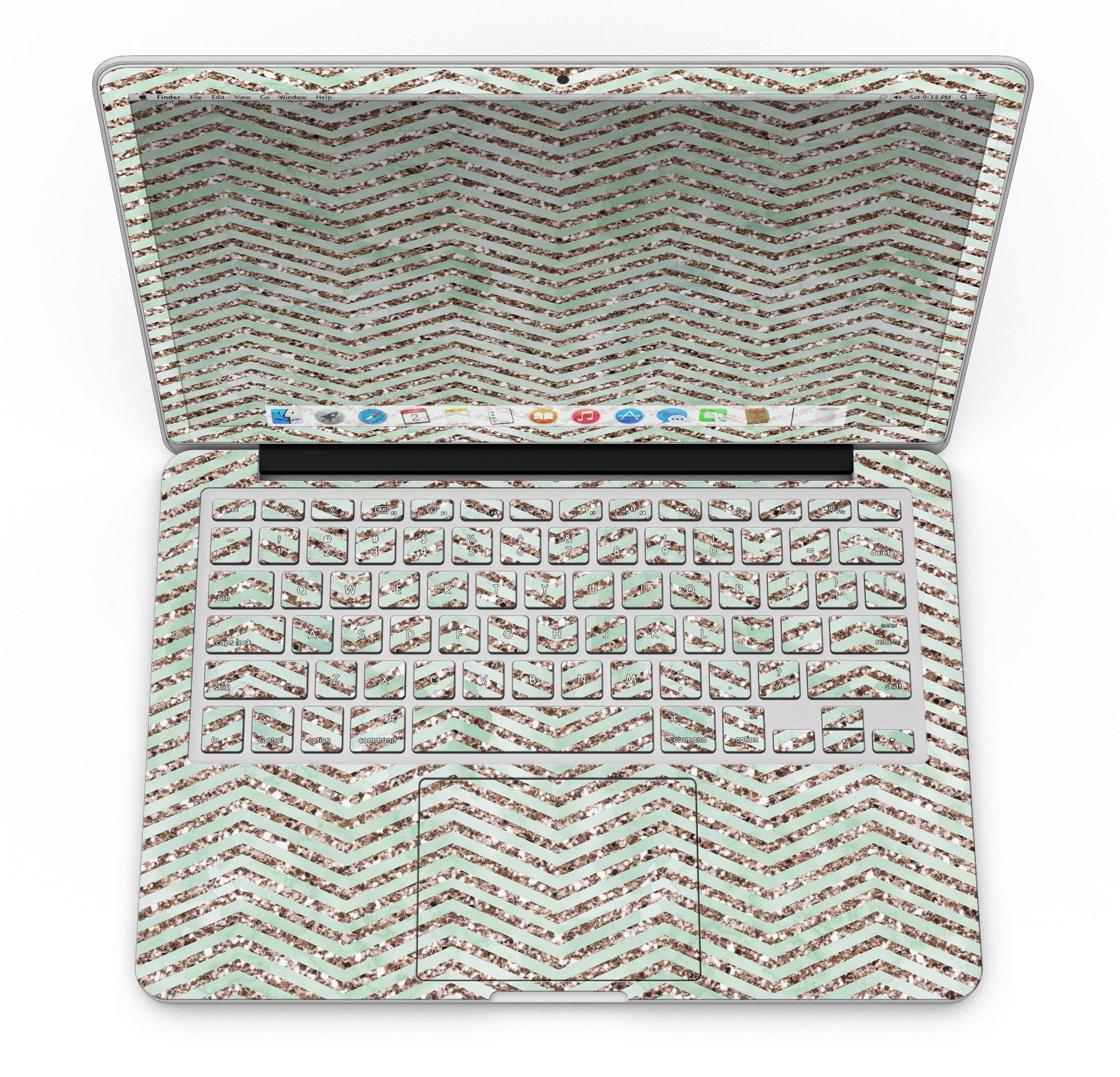 Brown and Green Glimmer Chevron skin for MacBook Pro with Retina Display, showcasing a stylish design that protects against scratches.