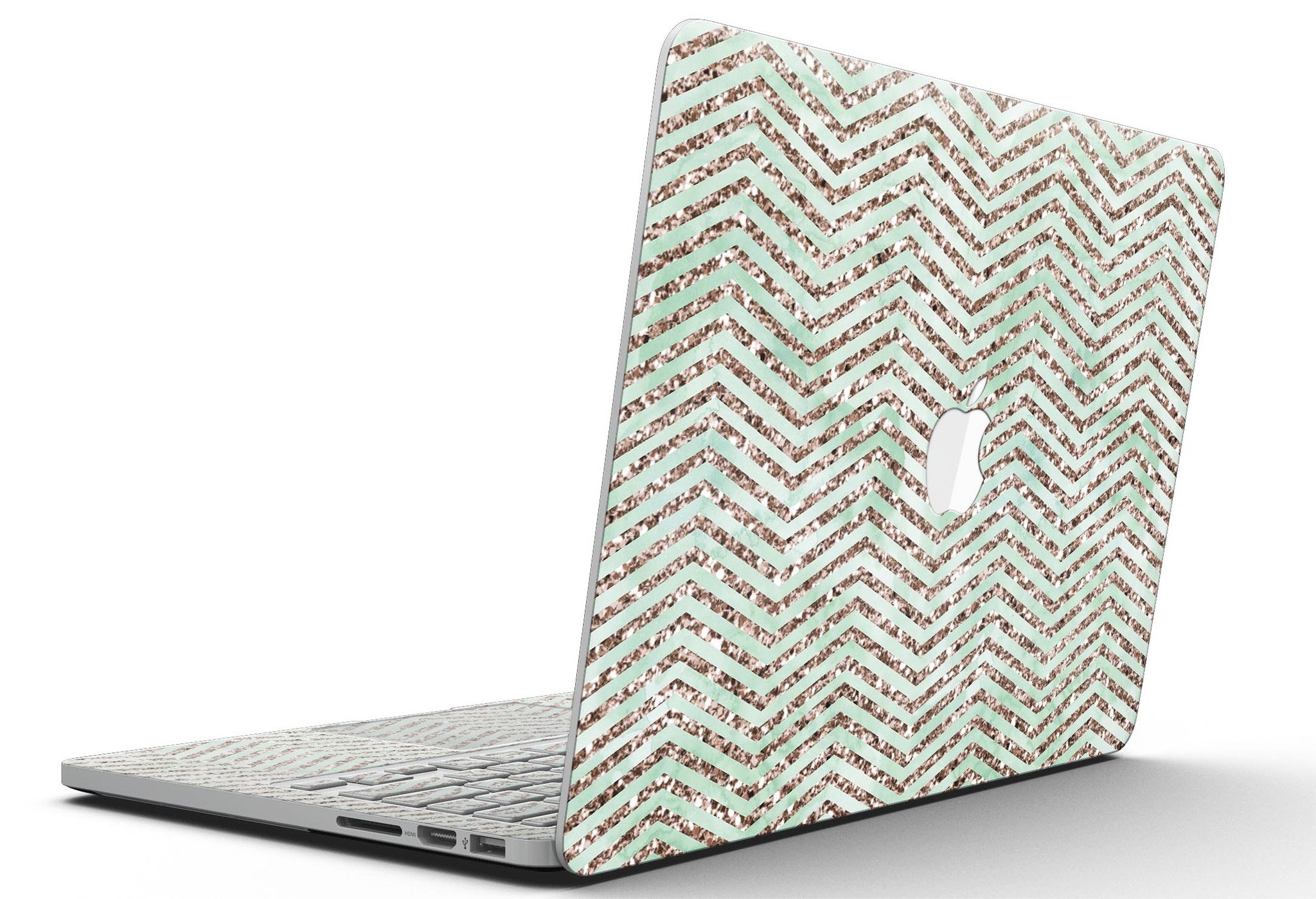 Brown and Green Glimmer Chevron skin for MacBook Pro with Retina Display, showcasing a stylish design that protects against scratches.
