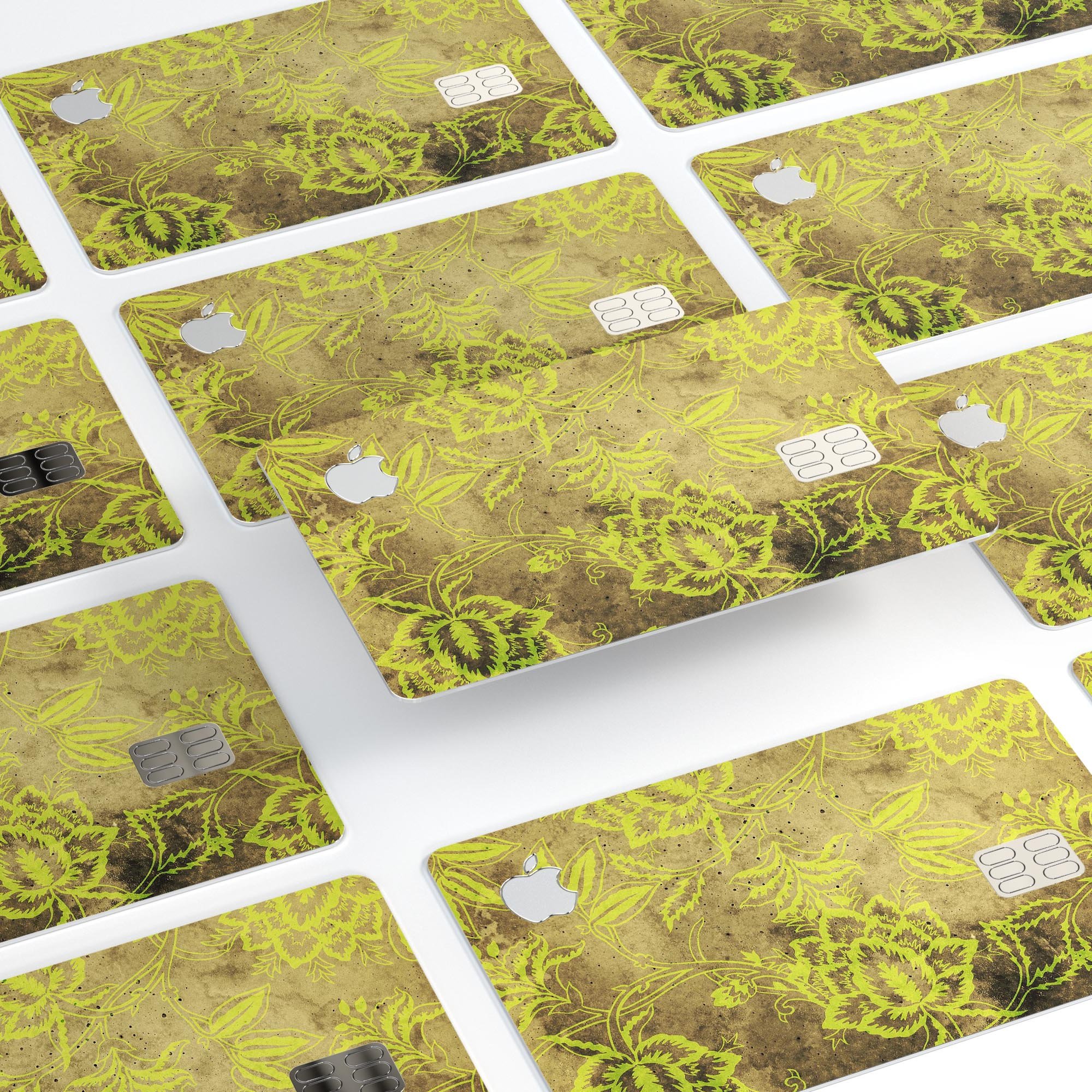 Brown and lime green floral damask pattern protective decal for Apple Card, showcasing vibrant colors and intricate design.