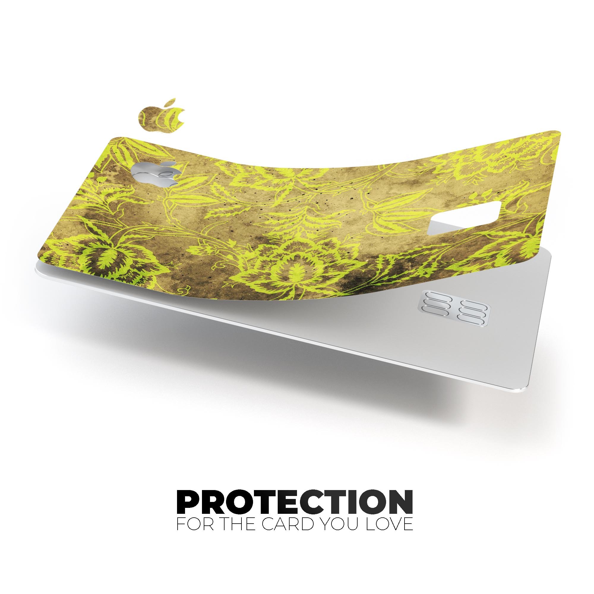 Brown and lime green floral damask pattern protective decal for Apple Card, showcasing vibrant colors and intricate design.