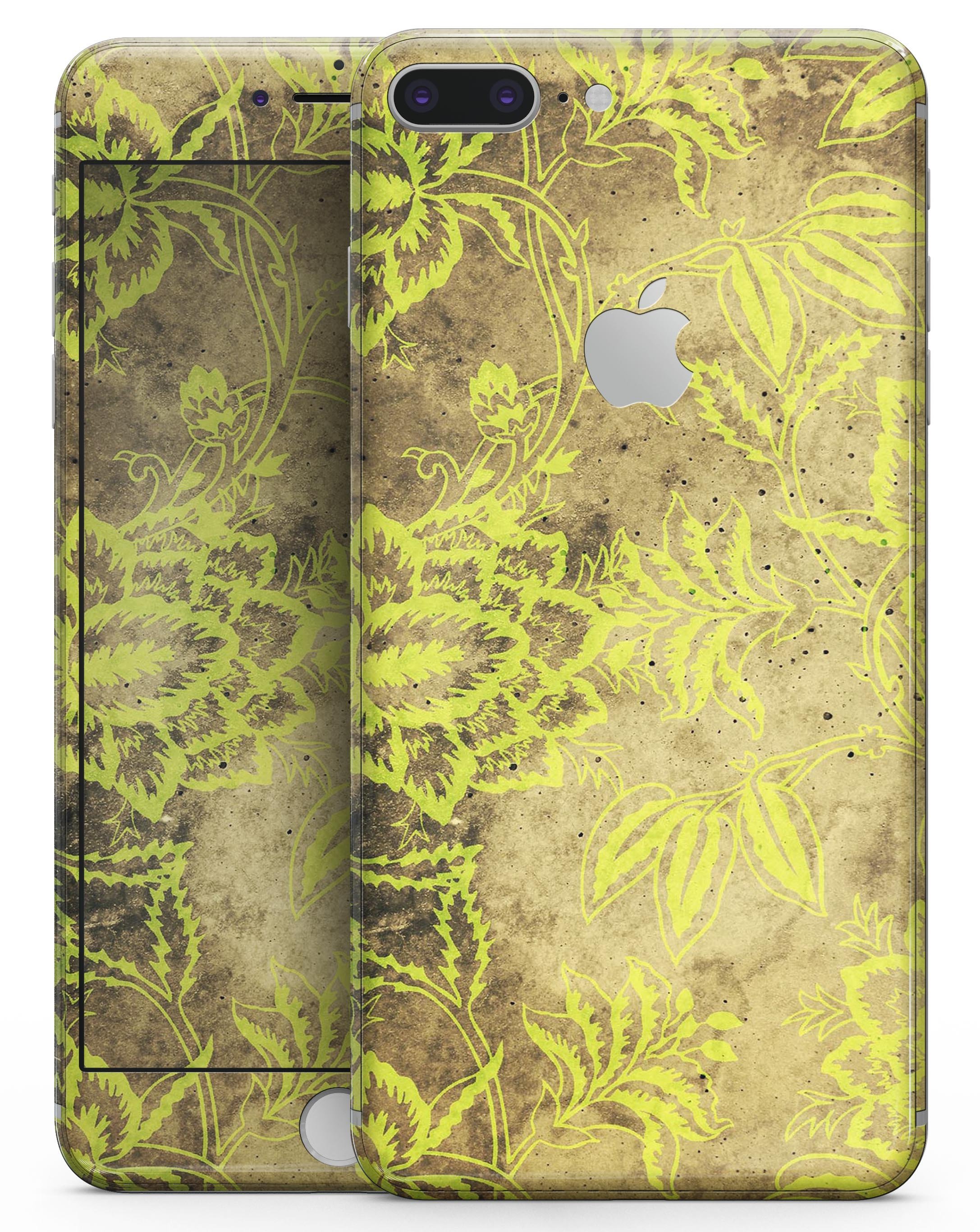 Brown and lime green floral damask pattern skin for iPhone 8, showcasing vibrant colors and intricate design.